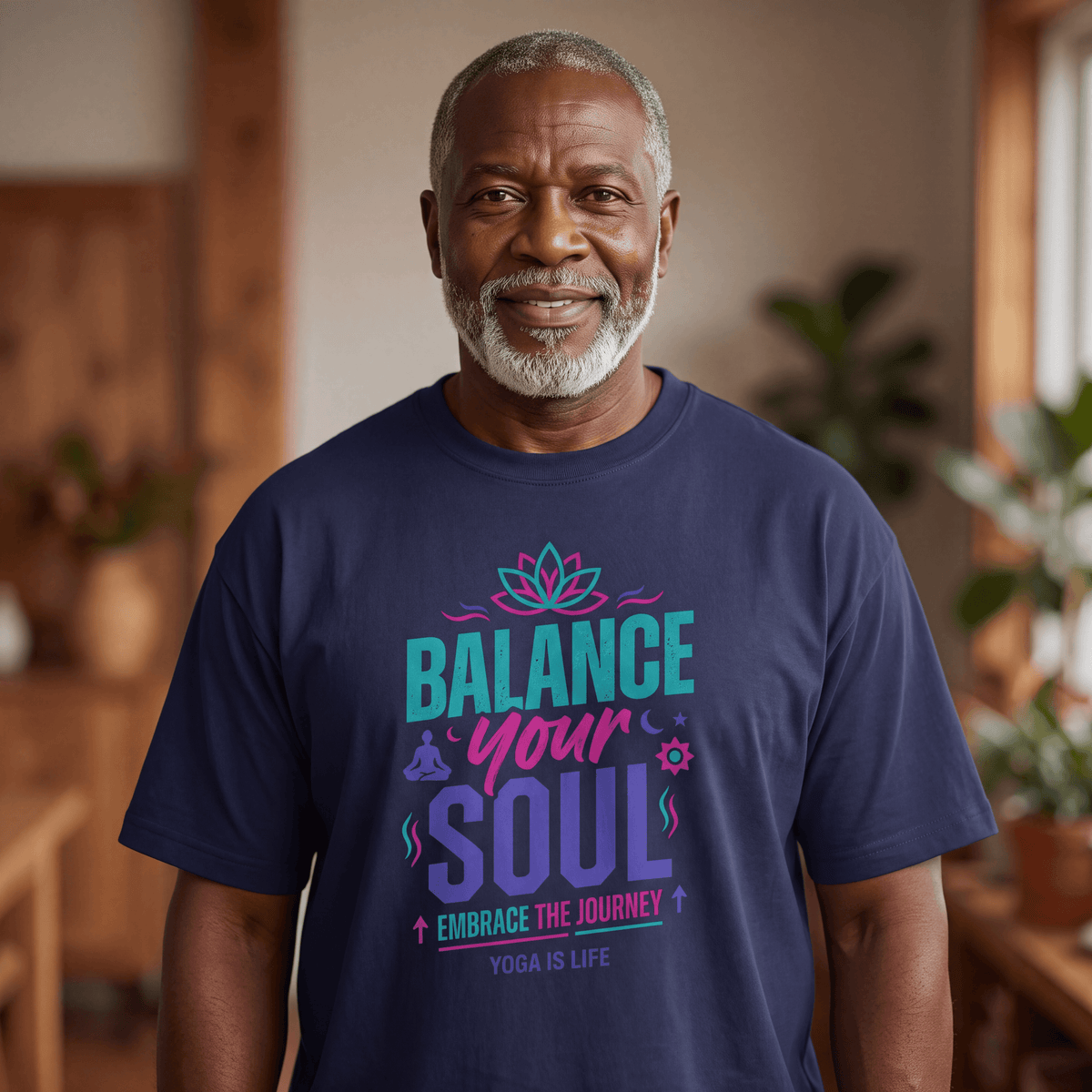 Model wearing the navy Balance Your Soul yoga T-shirt from Hum of Earth
