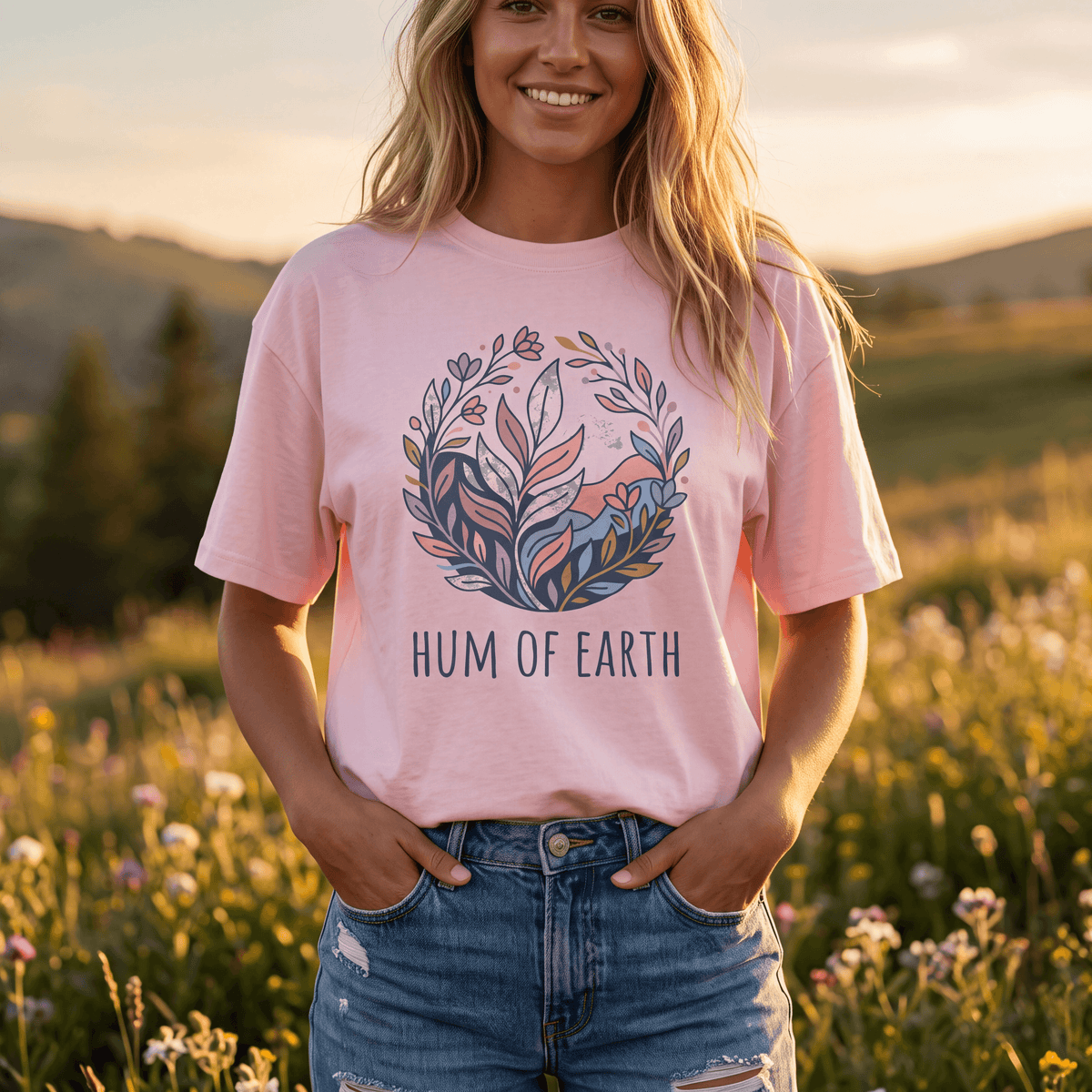 Model wearing the soft pink Hum of Earth Botanical graphic T-shirt in a sunlit field