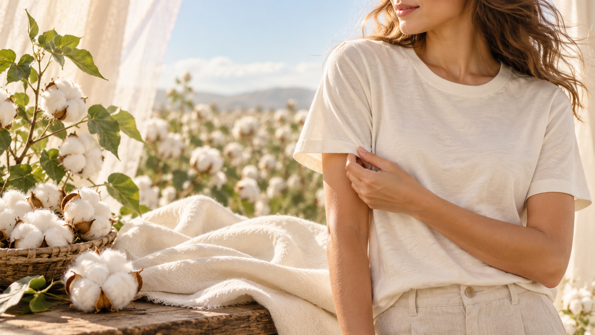 Woman wearing a soft cotton T-shirt beside natural cotton plants in warm sunlight
