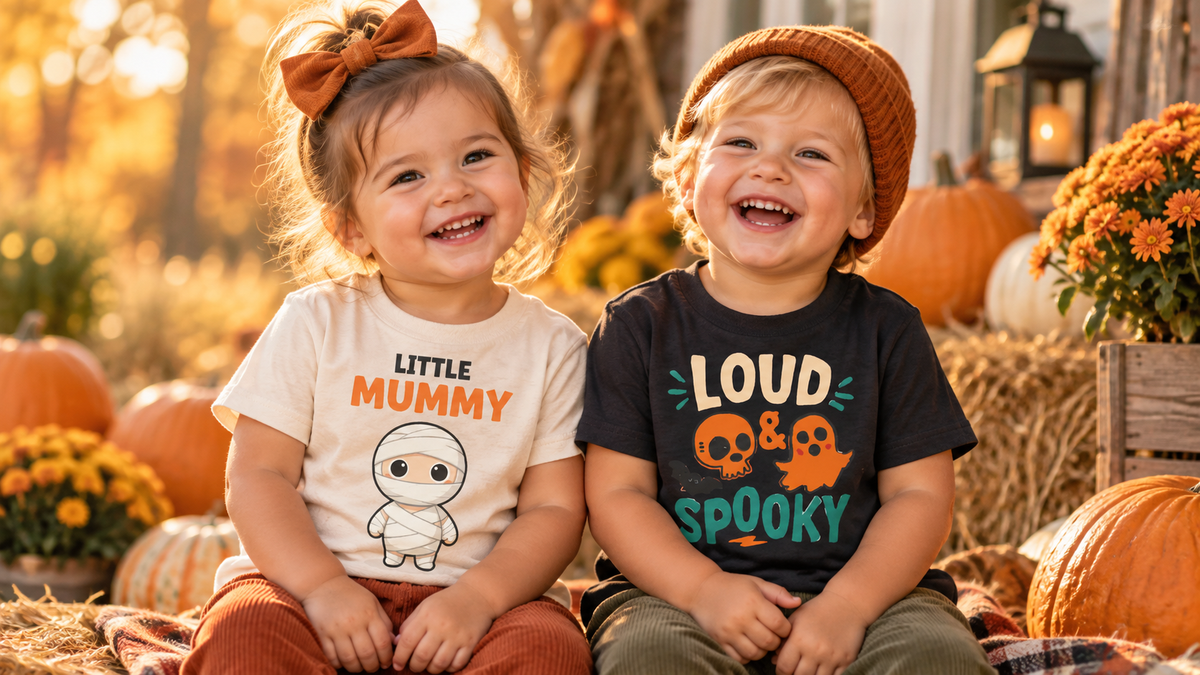 Hum of Earth Halloween T-shirt collection featuring playful designs for babies and toddlers