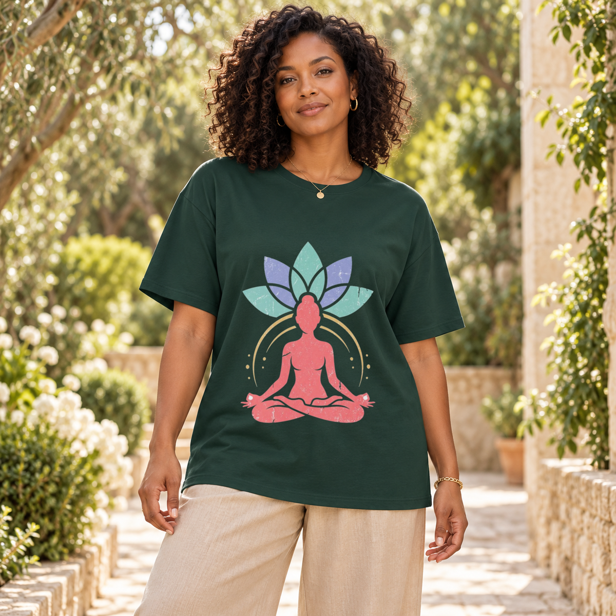 Woman wearing the Meditation Lotus T-shirt in Forest in a relaxed fit