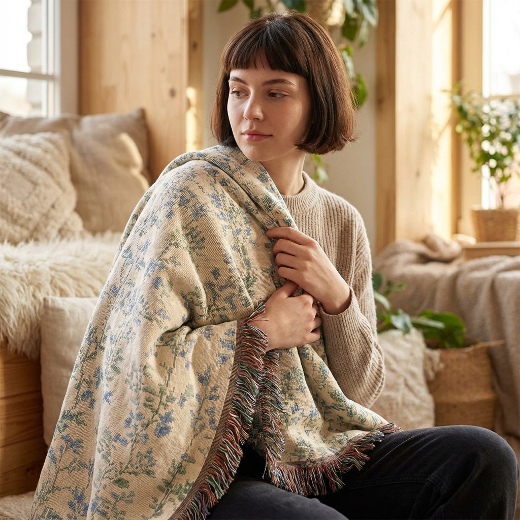 Cream Floral Pattern Woven Blanket