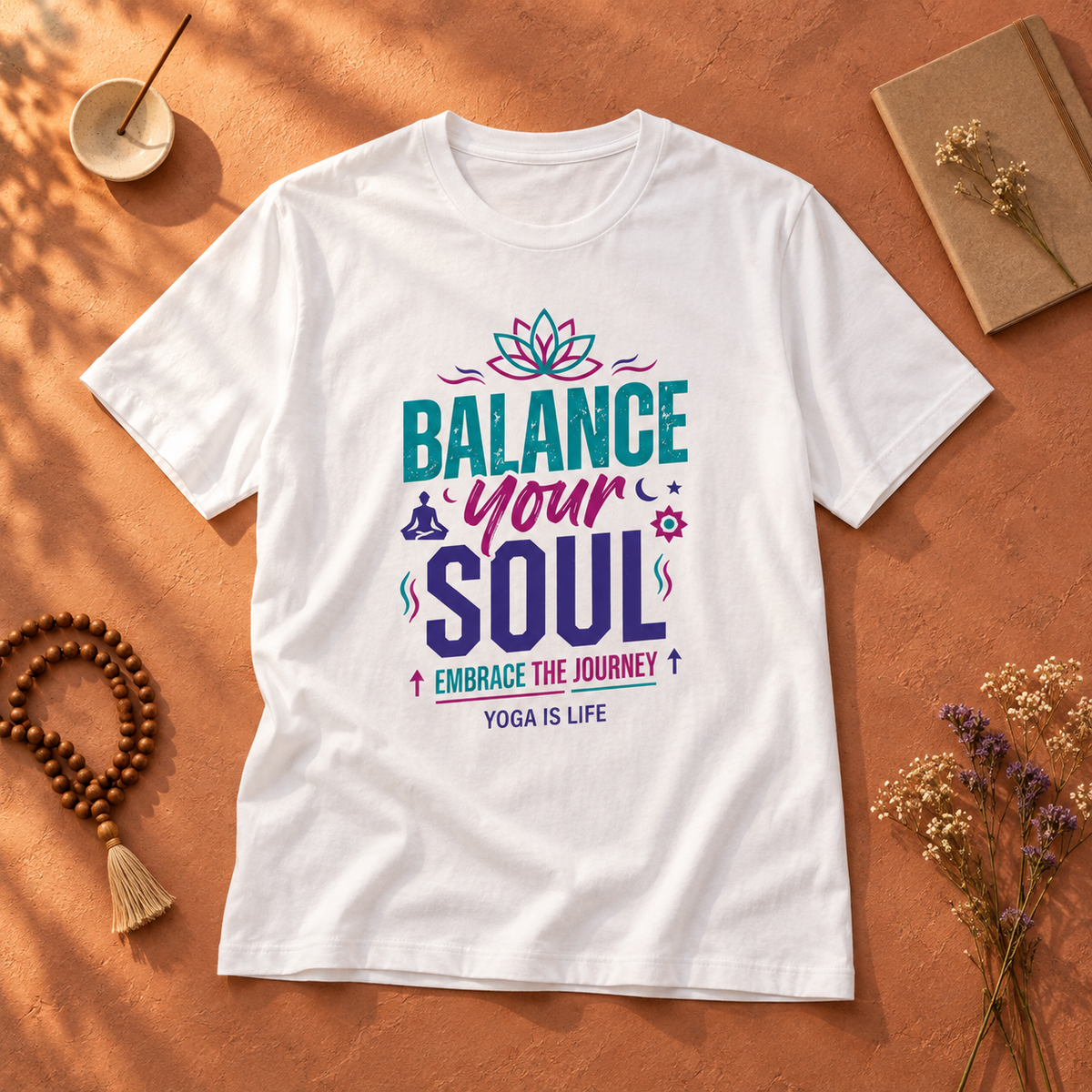 White Balance Your Soul T-shirt flatlay with meditation beads, journal and dried flowers