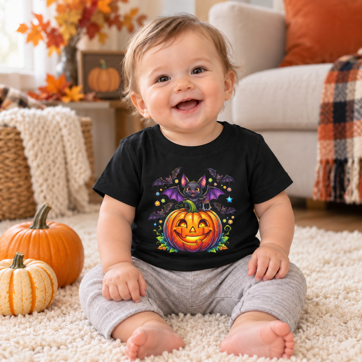 Infant wearing the black Cute Bat and Jack-o'-Lantern T-shirt in a cozy autumn setting