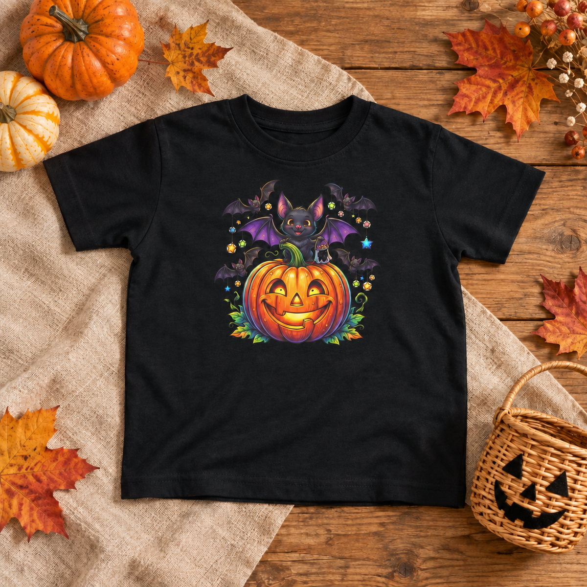 Cute Bat and Jack-o'-Lantern toddler T-shirt in black styled in an autumn Halloween flatlay