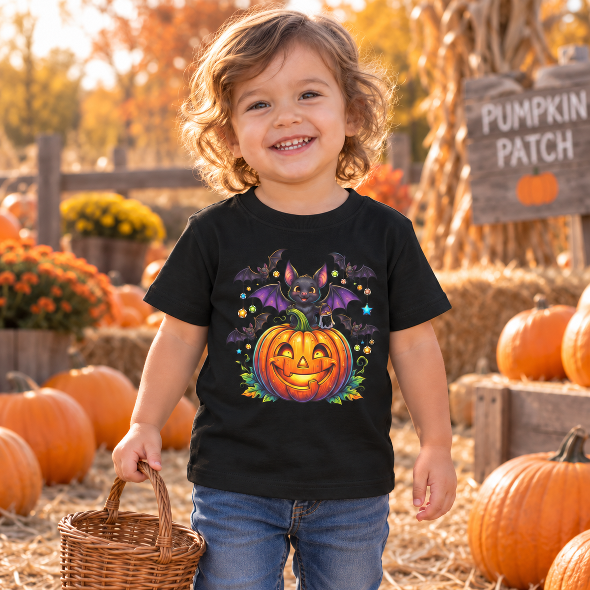 Toddler wearing the black Cute Bat and Jack-o'-Lantern T-shirt at a pumpkin patch