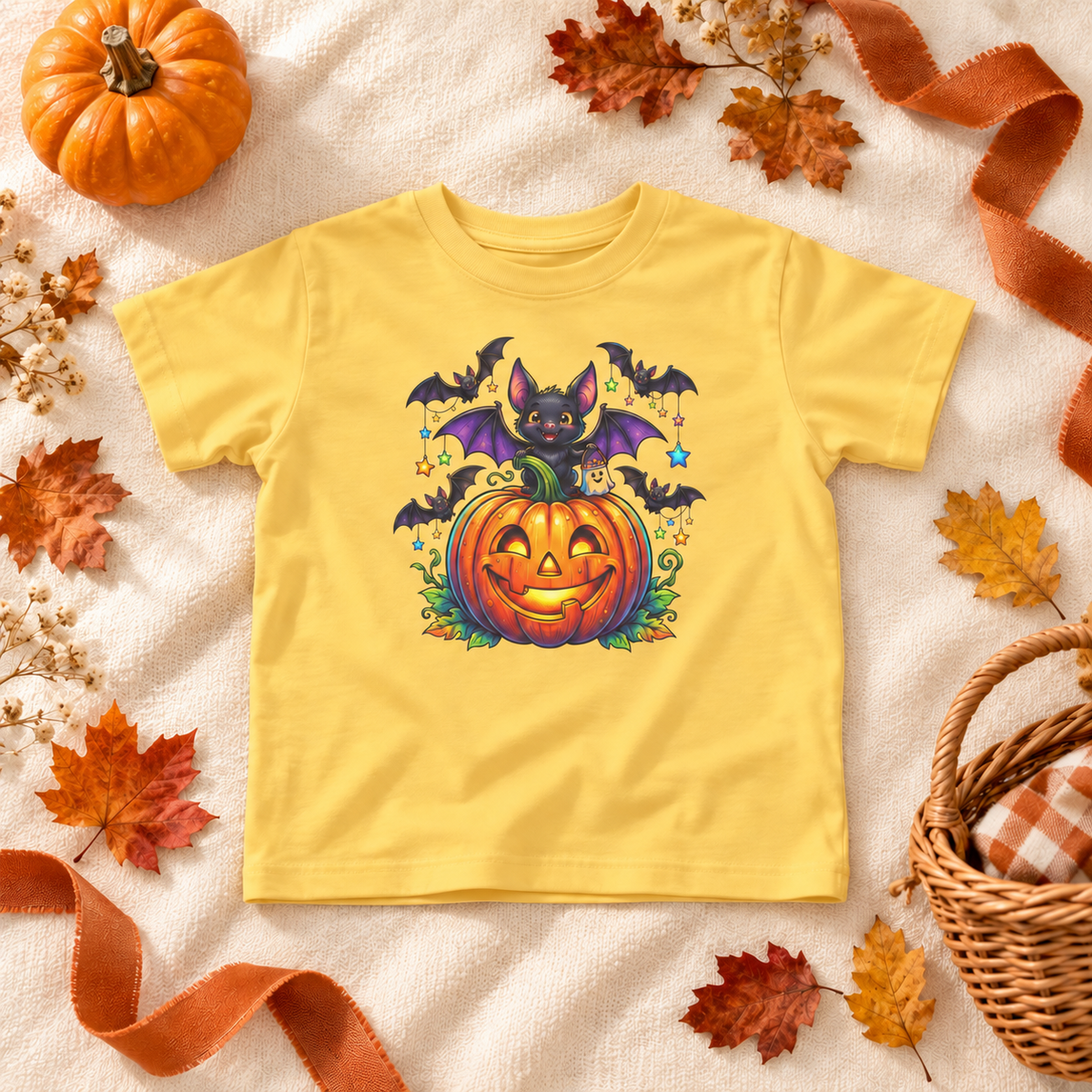 Cute Bat and Jack-o'-Lantern toddler T-shirt in Butter styled in a bright autumn flatlay