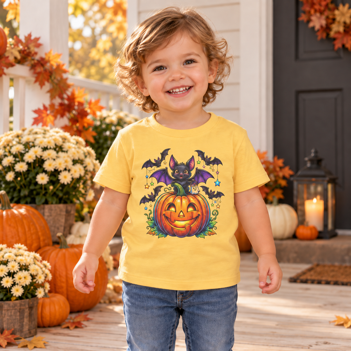 Toddler wearing the Butter Cute Bat and Jack-o'-Lantern T-shirt on an autumn porch