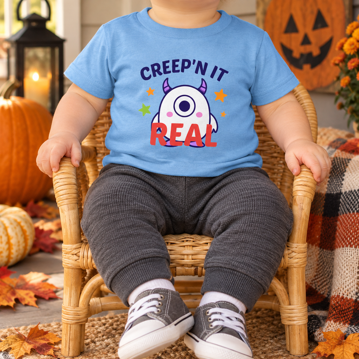 Infant wearing the updated light blue Creep'n It Real T-shirt while seated on a fall porch
