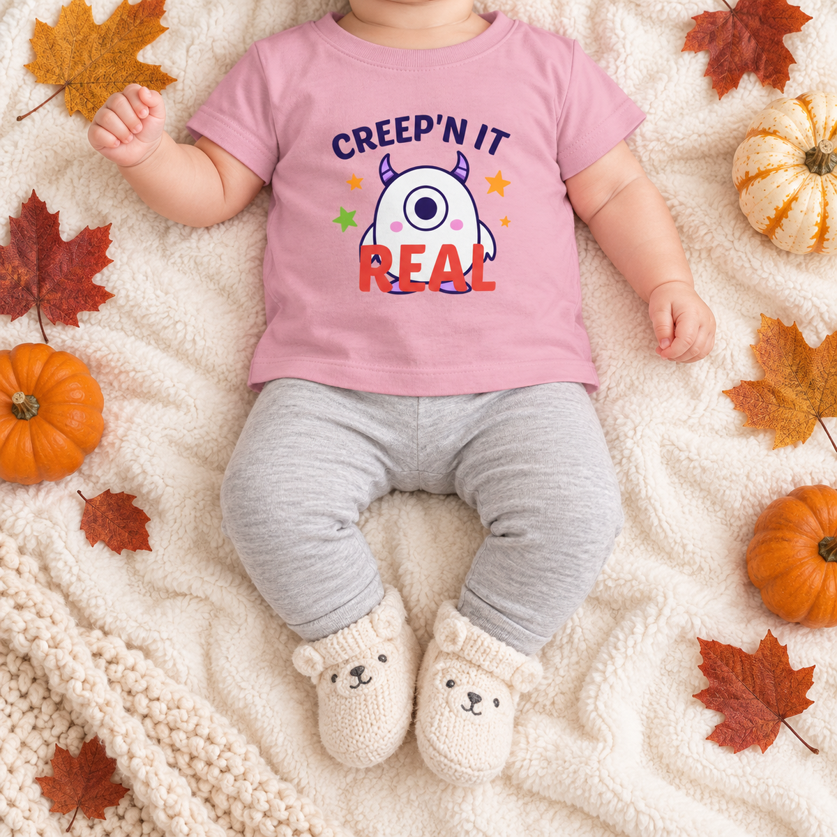 Overhead mockup of an infant wearing the updated pink Creep'n It Real T-shirt with autumn accents
