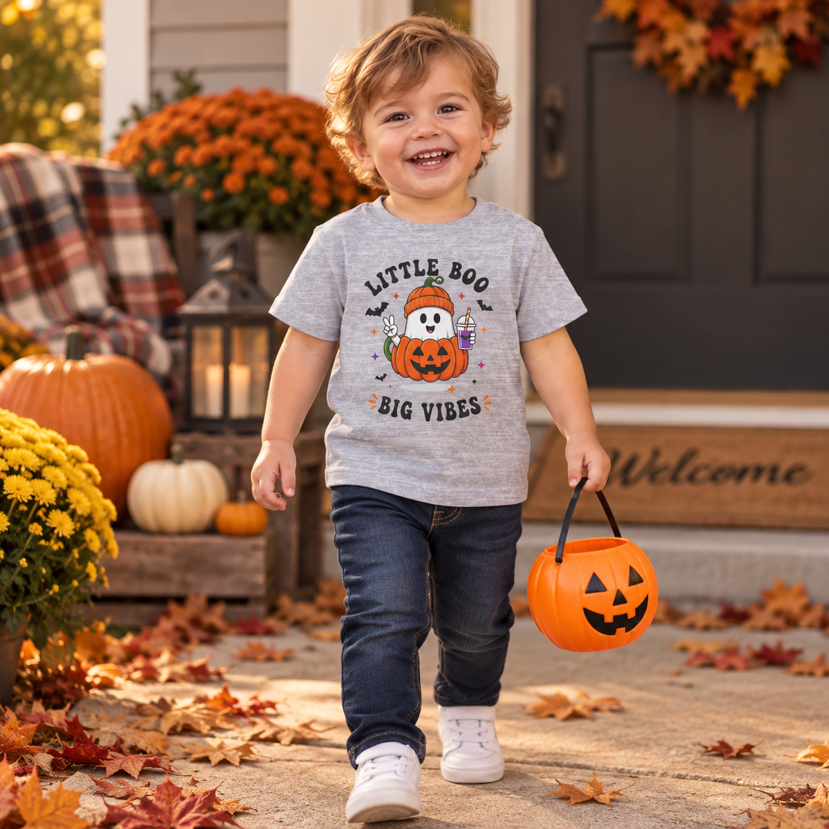 Little Boo Big Vibes toddler T-shirt in Heather, autumn porch lifestyle model