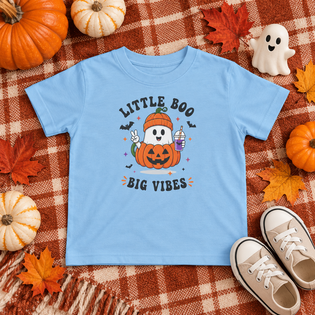 Little Boo Big Vibes toddler T-shirt in Light Blue, Halloween flatlay