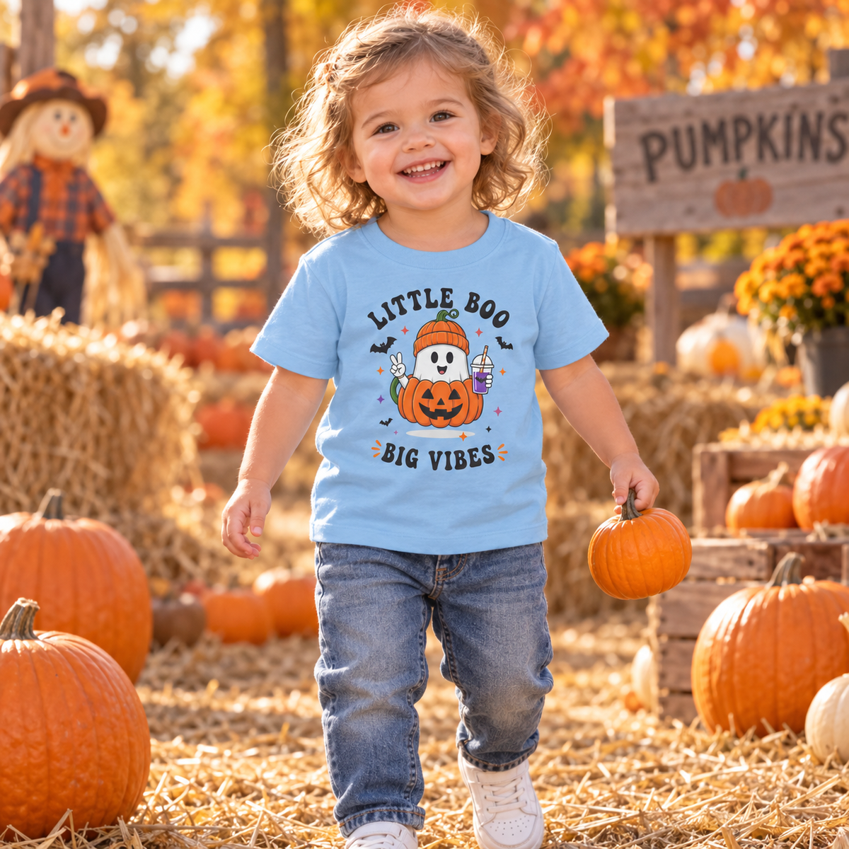 Little Boo Big Vibes toddler T-shirt in Light Blue, pumpkin patch lifestyle model