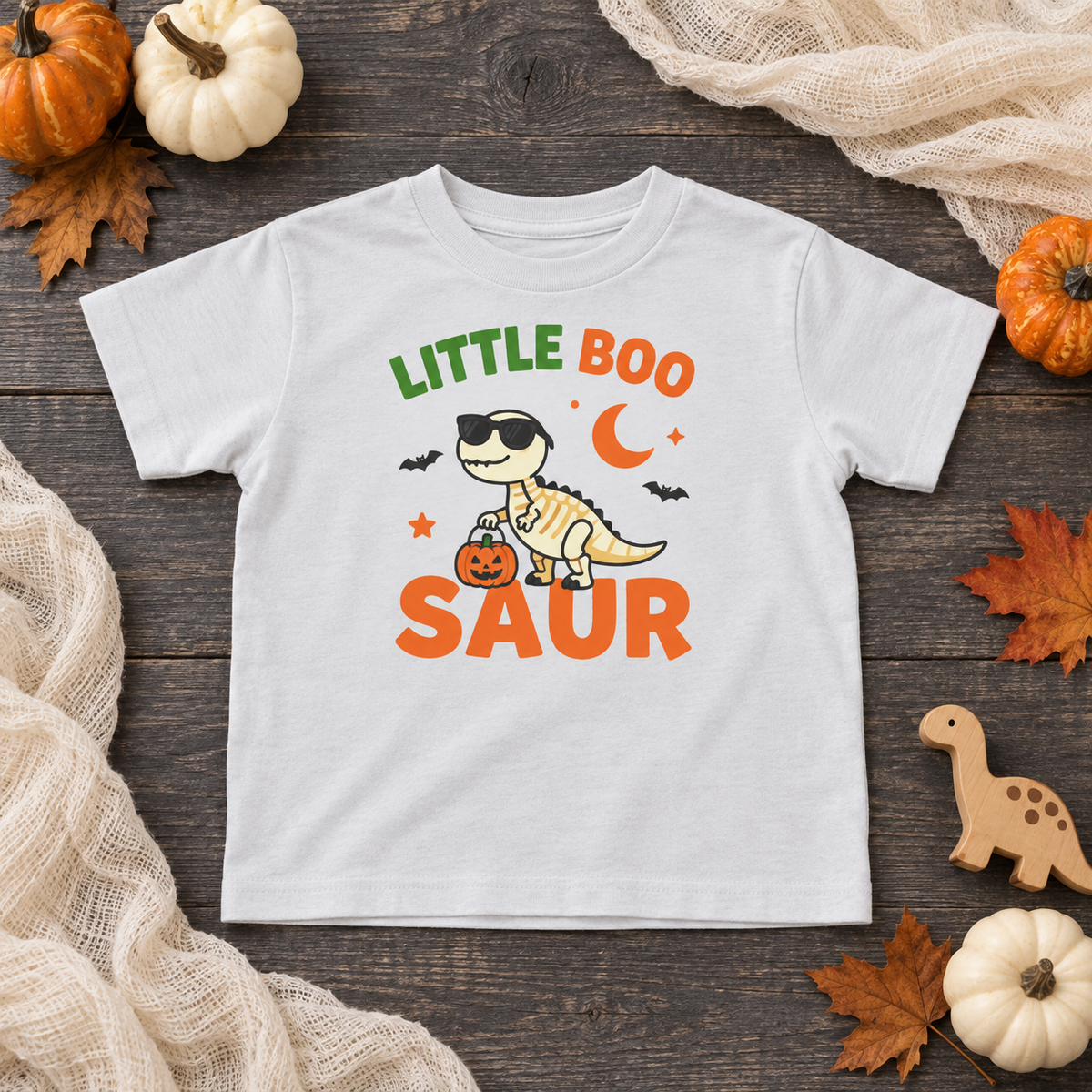 Little Boo-saur toddler T-shirt in Ash, Halloween dinosaur flatlay