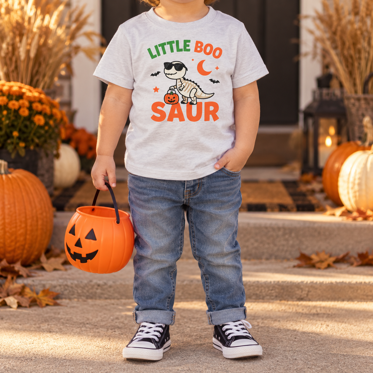 Toddler wearing Little Boo-saur T-shirt in Ash, face-free Halloween model mockup
