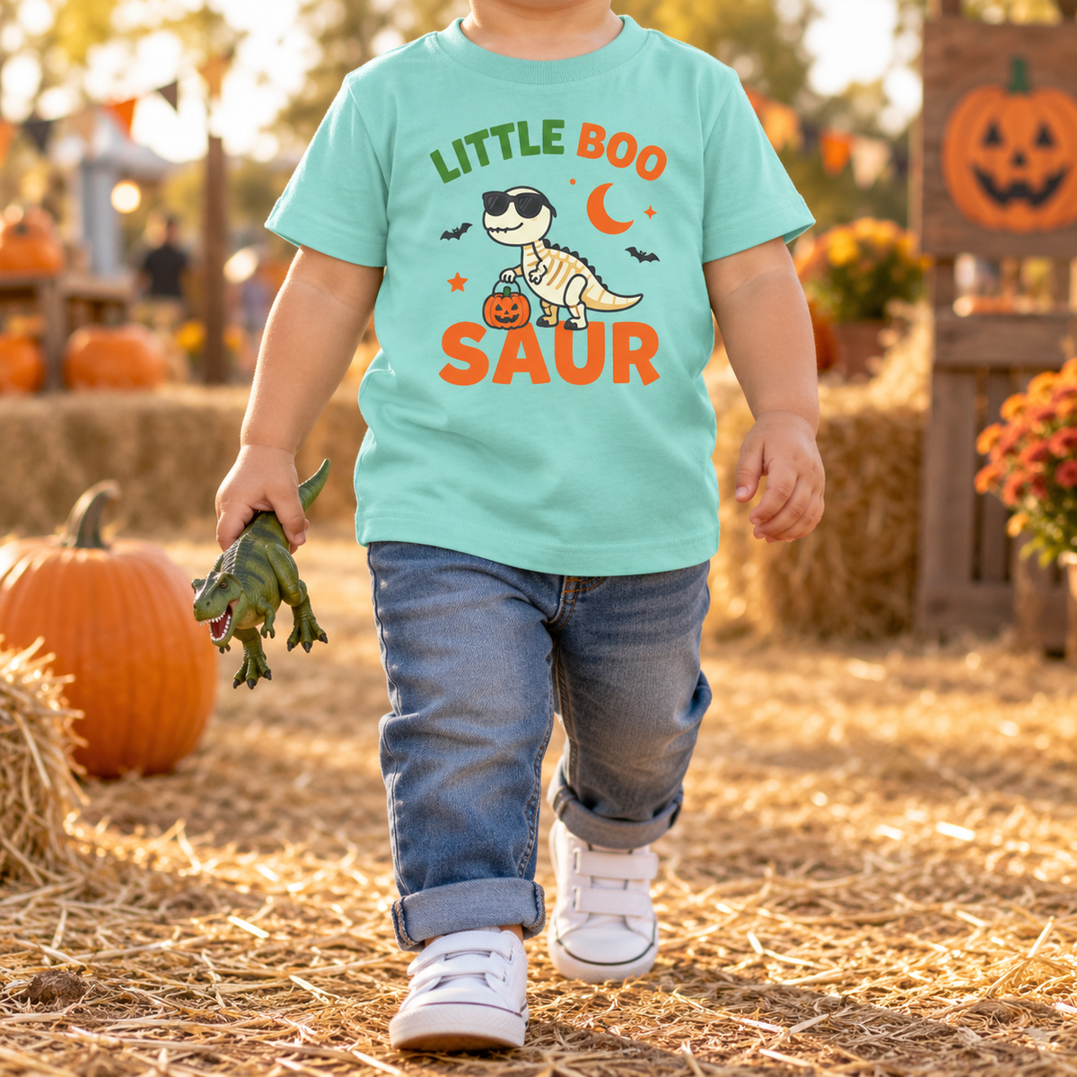 Toddler wearing Little Boo-saur T-shirt in Saltwater, face-free fall model mockup