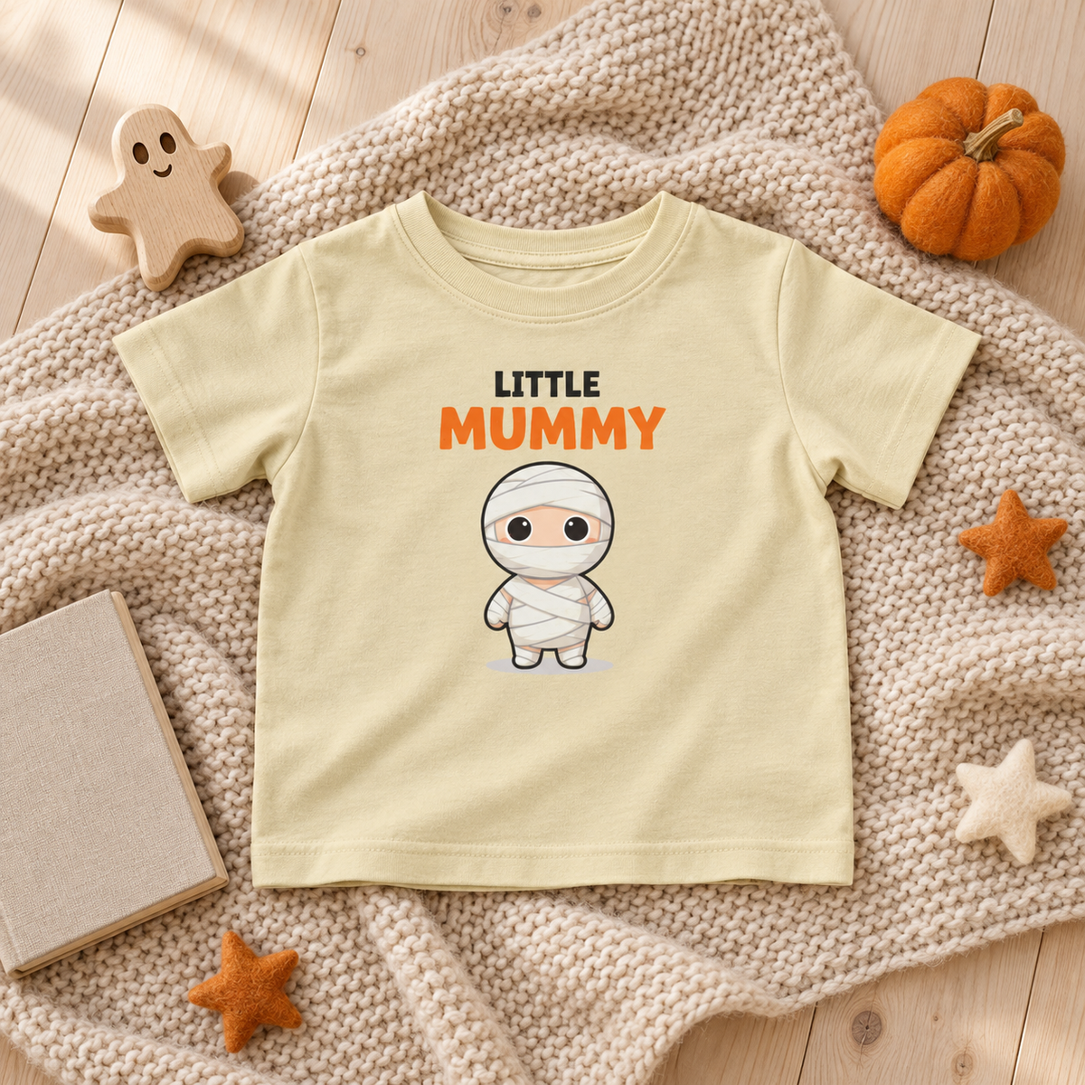 Little Mummy T-shirt flatlay on a cozy cream knit blanket with playful fall accents