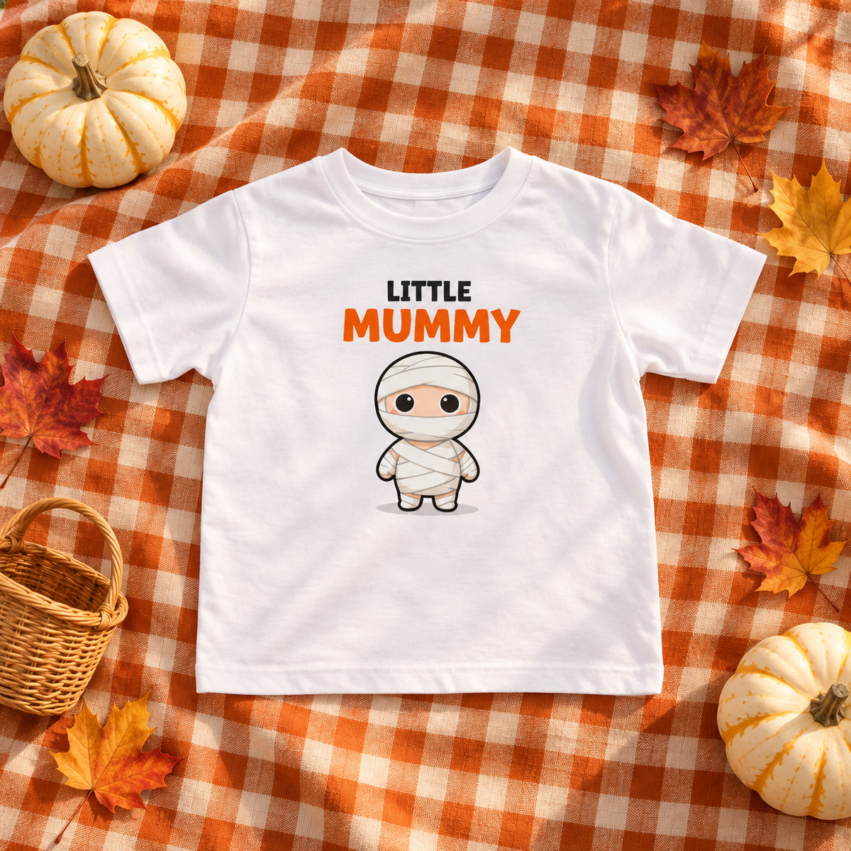 Little Mummy T-shirt flatlay with white pumpkins and autumn leaves on orange gingham