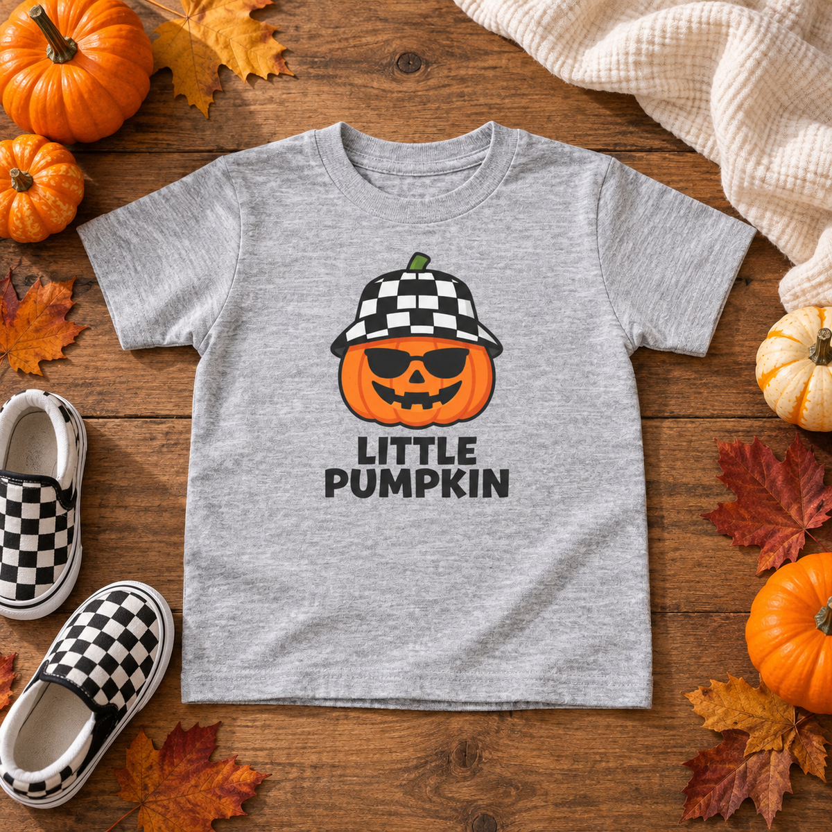 Little Pumpkin toddler T-shirt in Heather, autumn flatlay