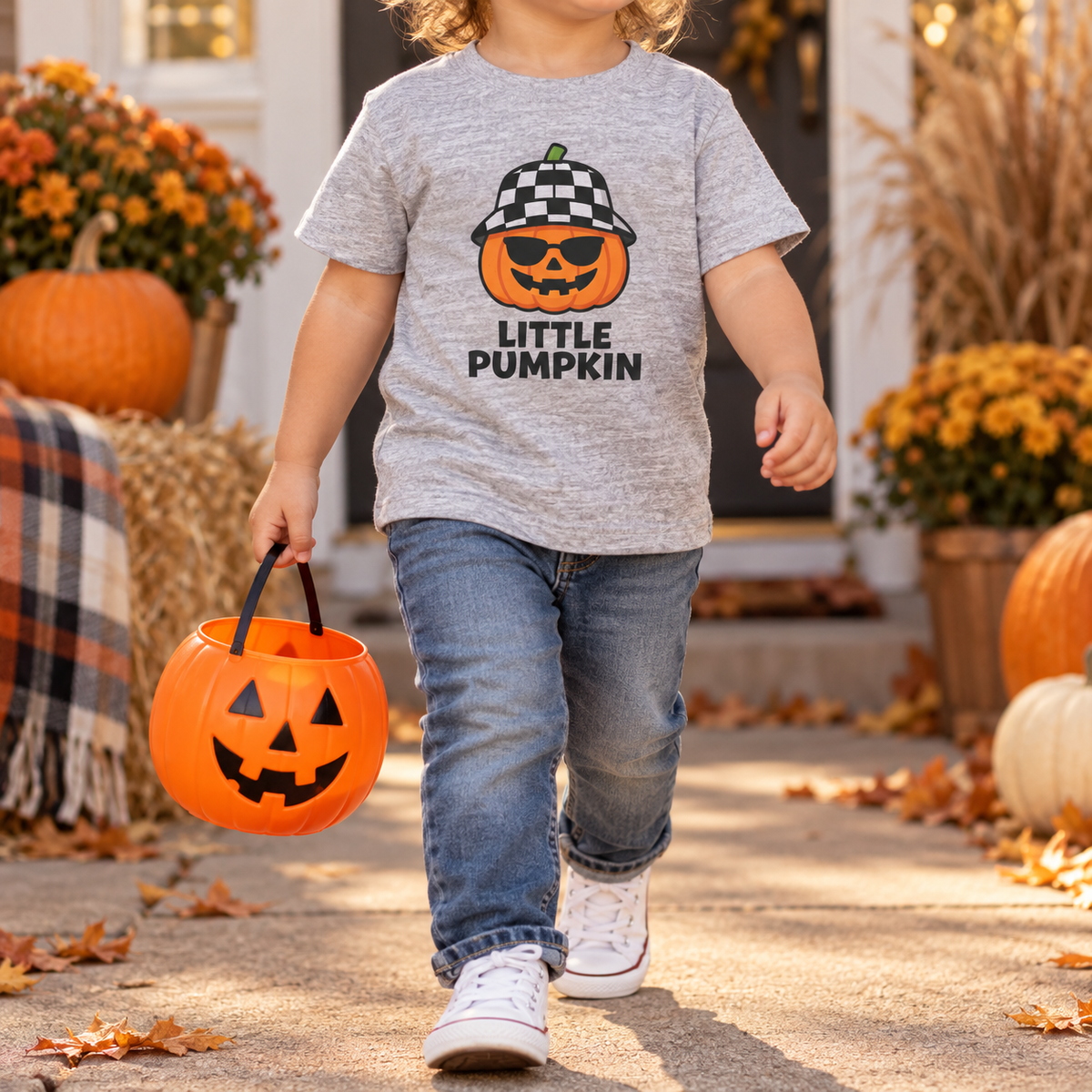 Little Pumpkin toddler T-shirt in Heather, Halloween model mockup