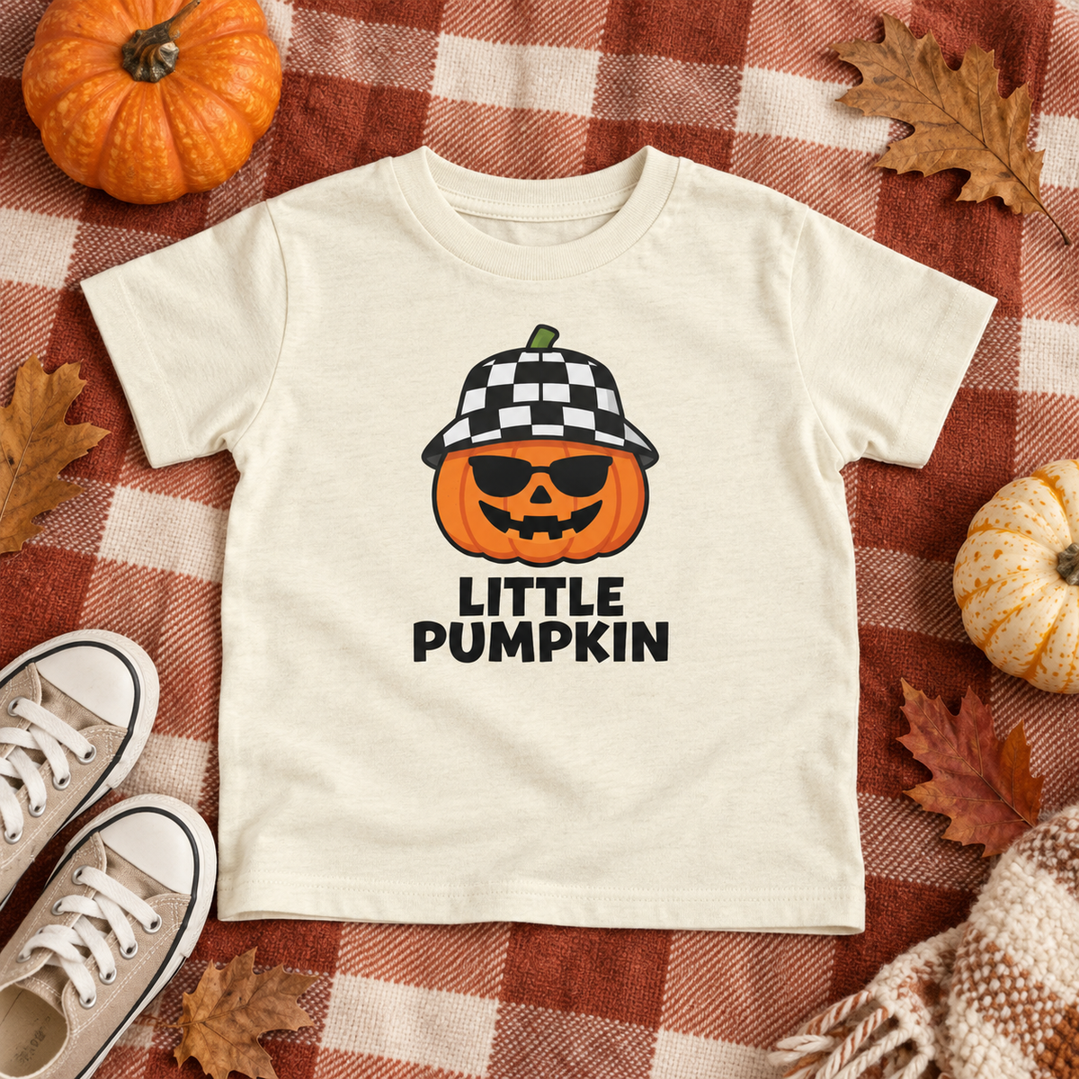 Little Pumpkin toddler T-shirt in Natural, pumpkin patch flatlay