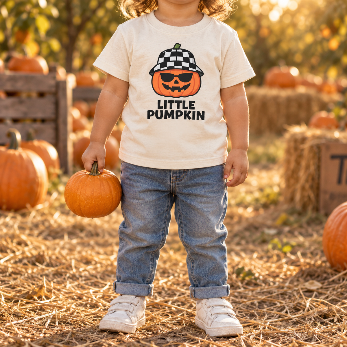 Little Pumpkin toddler T-shirt in Natural, pumpkin patch model mockup