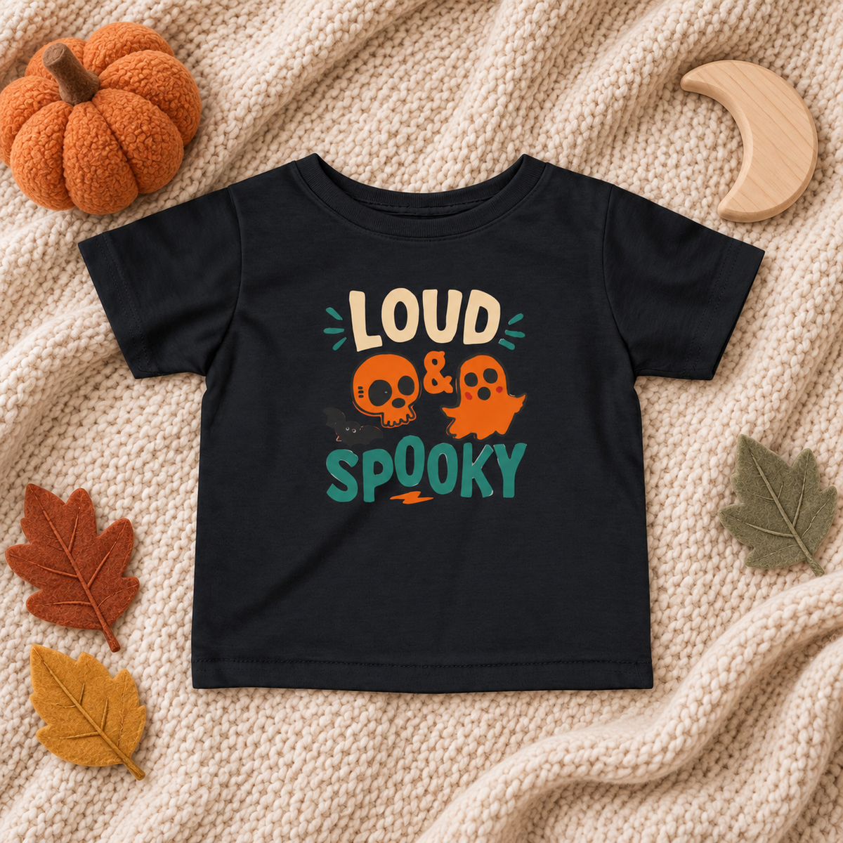 Loud & Spooky infant T-shirt in Black, styled Halloween flatlay