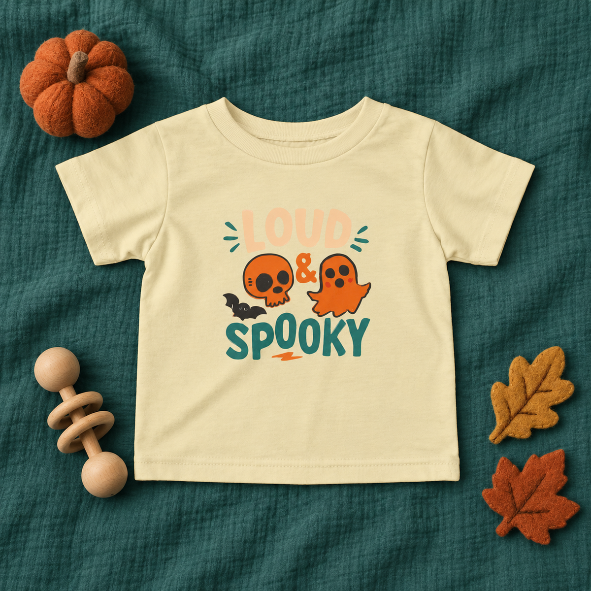 Loud & Spooky infant T-shirt in Butter, styled Halloween flatlay