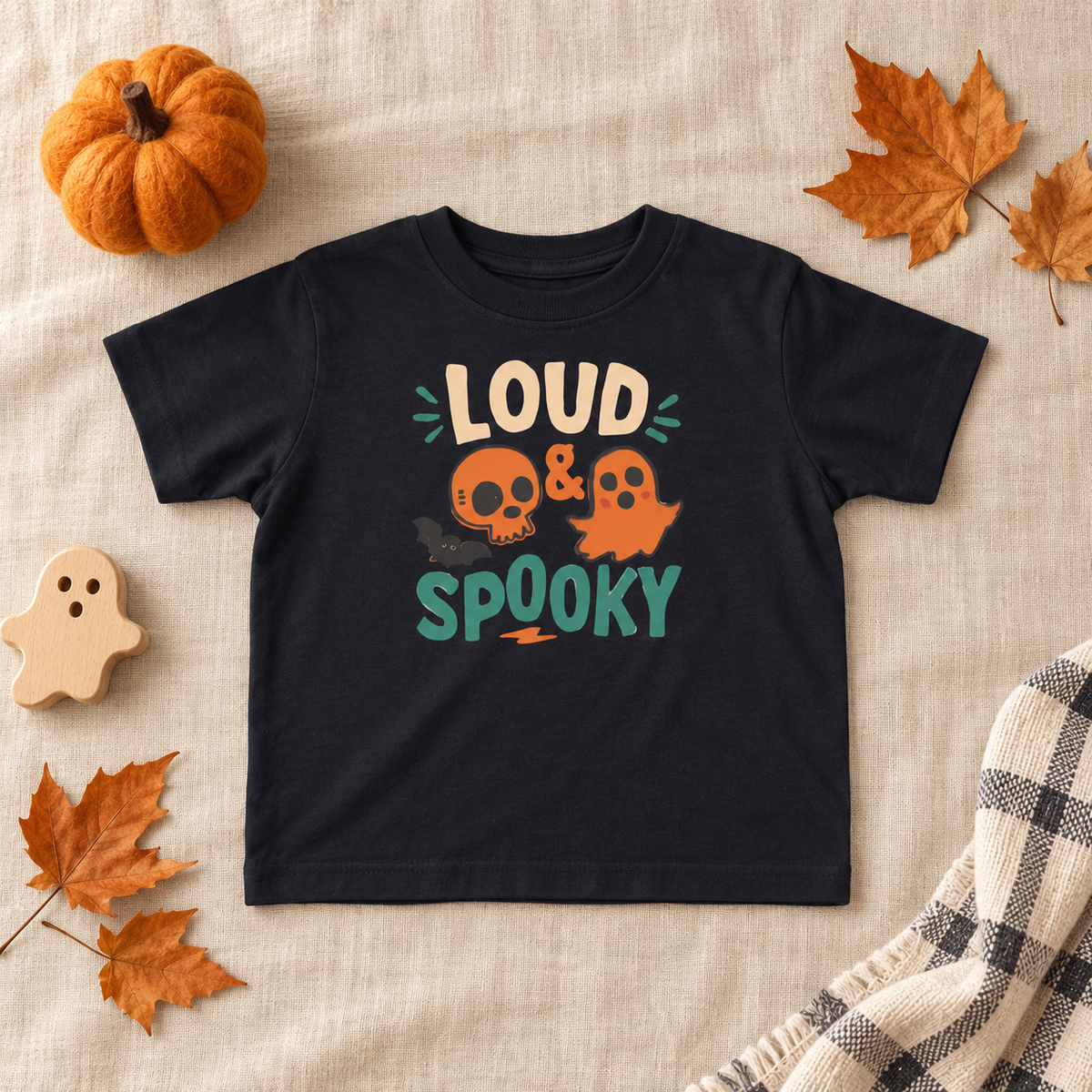 Loud & Spooky toddler T-shirt in Black, styled Halloween flatlay