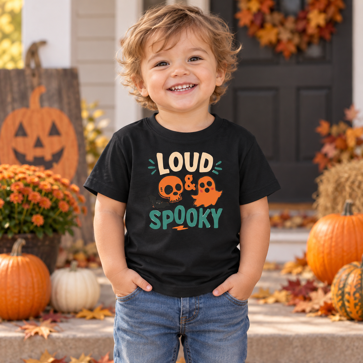 Toddler wearing the Loud & Spooky T-shirt in Black