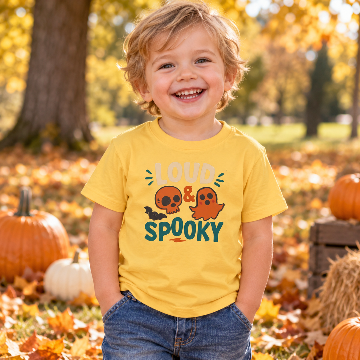 Toddler wearing the Loud & Spooky T-shirt in Butter