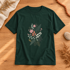 Minimal Botanical T-shirt in Forest, styled flatlay