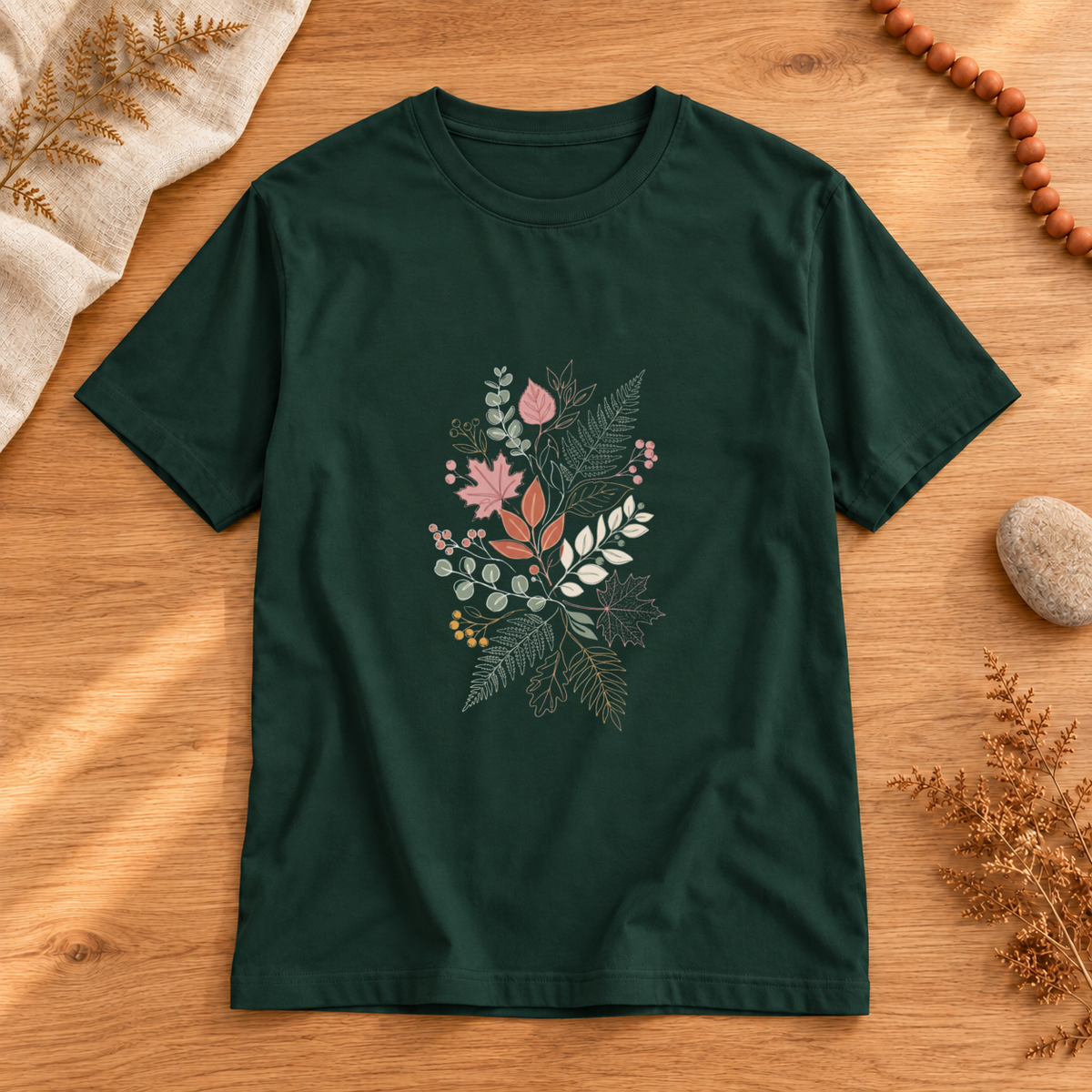 Minimal Botanical T-shirt in Forest, styled flatlay