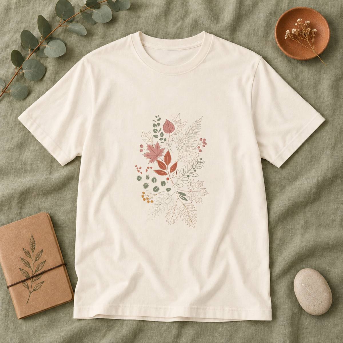 Minimal Botanical T-shirt in Natural, styled flatlay