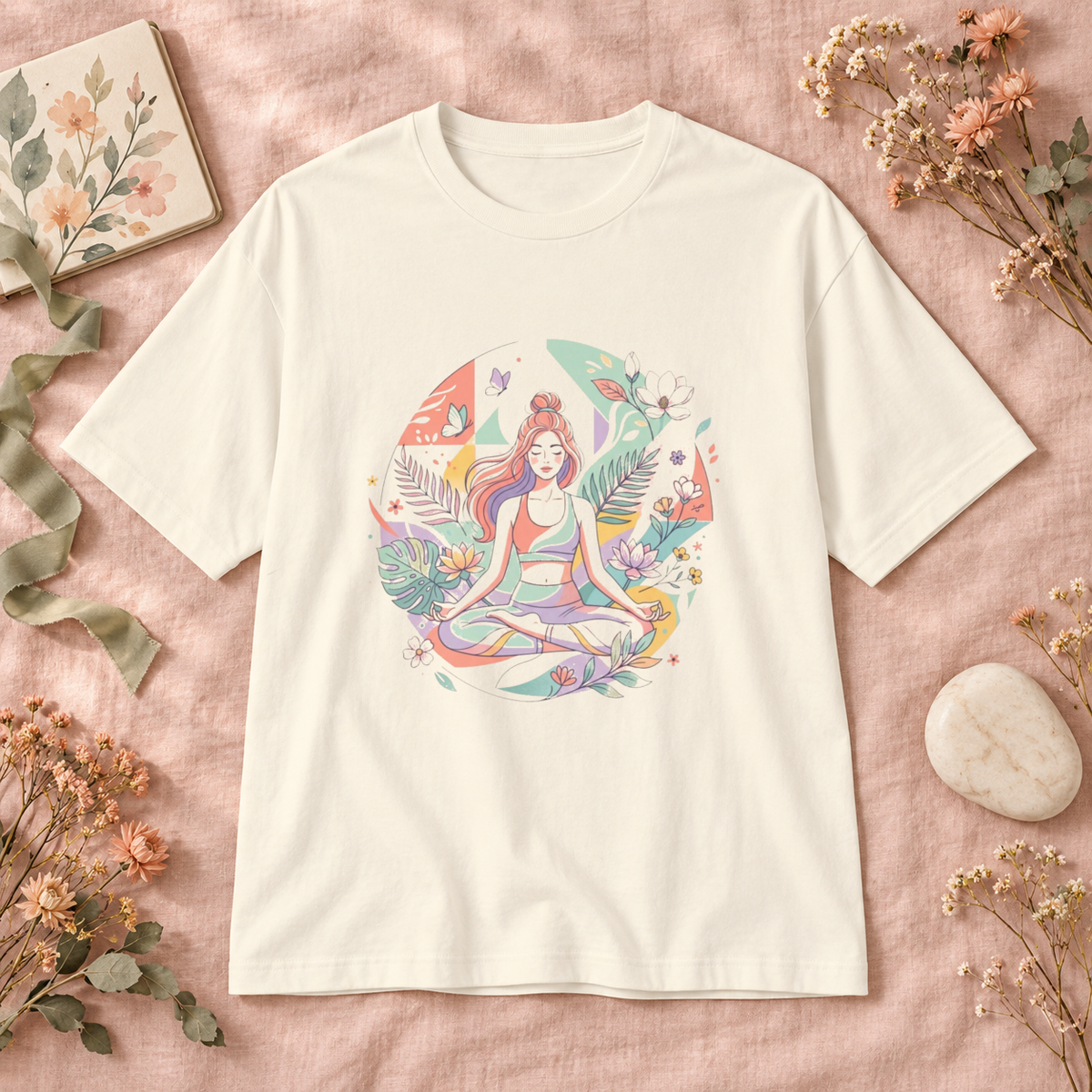 Pastel Lotus Girl T-shirt in Natural, styled botanical flatlay