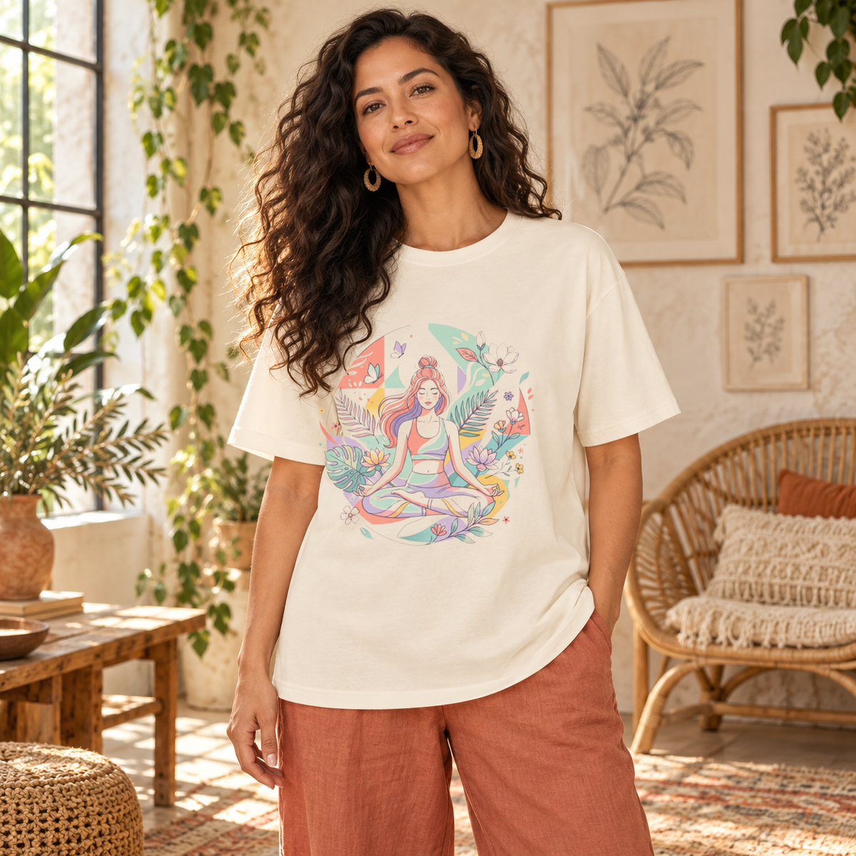 Woman wearing the Pastel Lotus Girl T-shirt in Natural in a relaxed fit