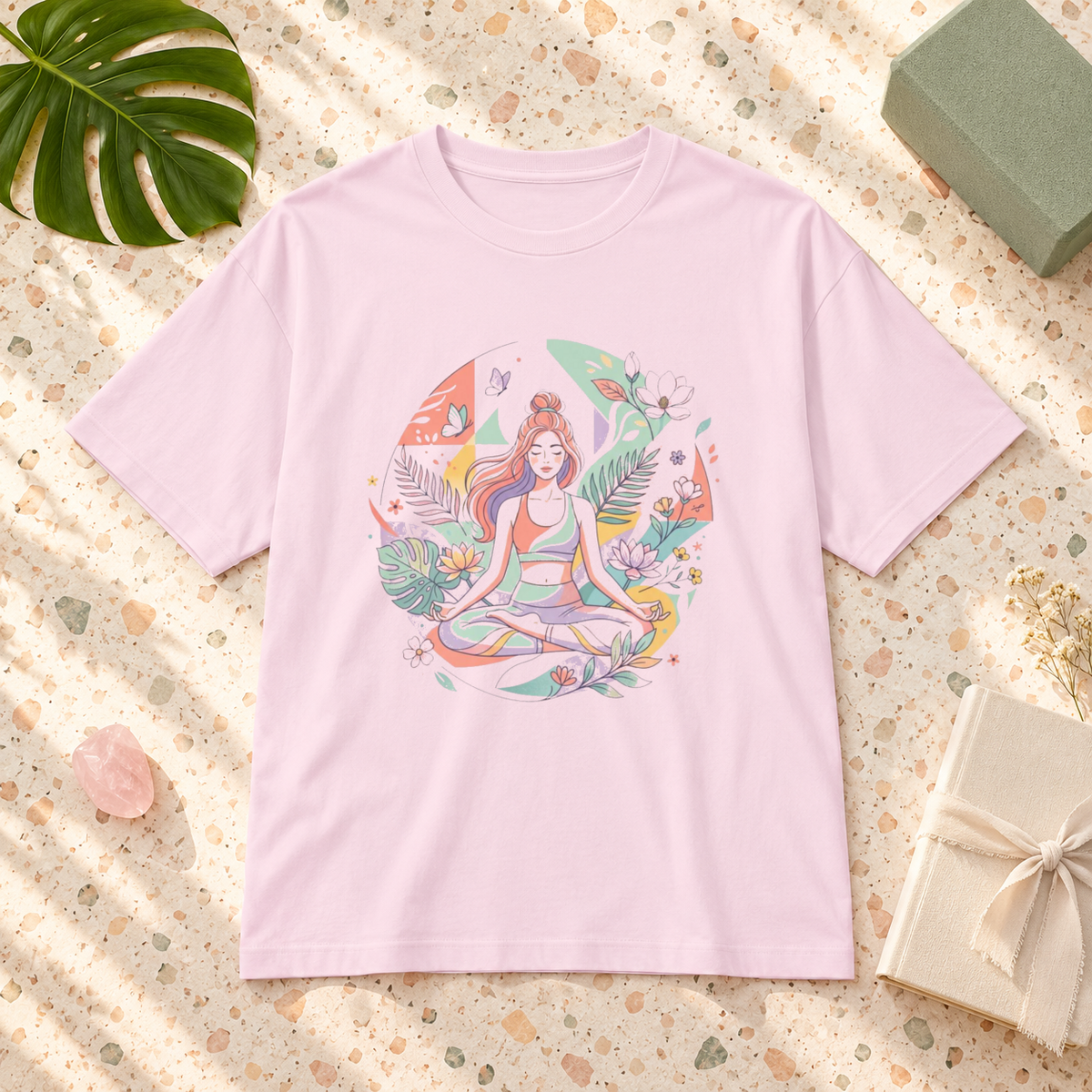 Pastel Lotus Girl T-shirt in Soft Pink, styled wellness flatlay