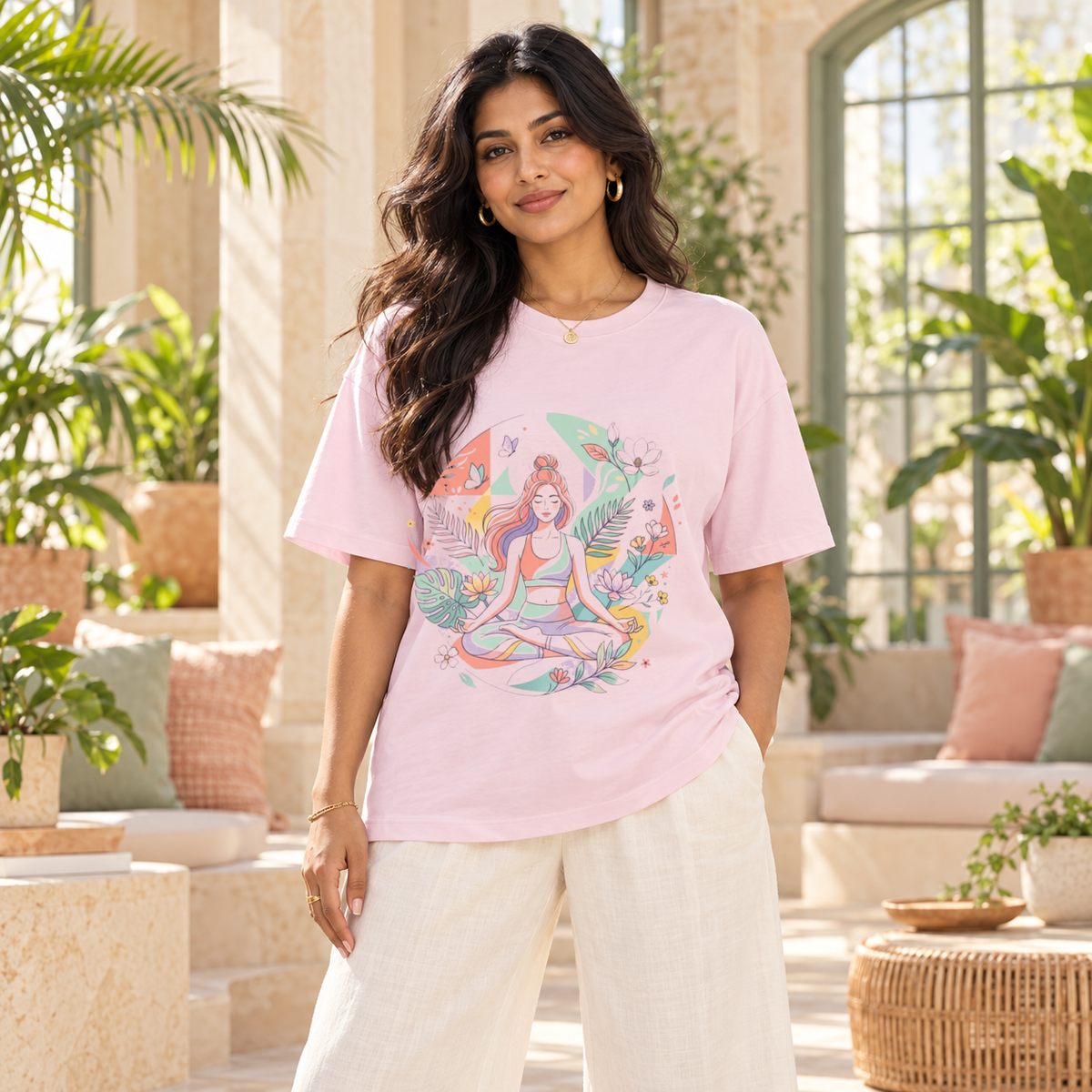 Woman wearing the Pastel Lotus Girl T-shirt in Soft Pink in a relaxed fit