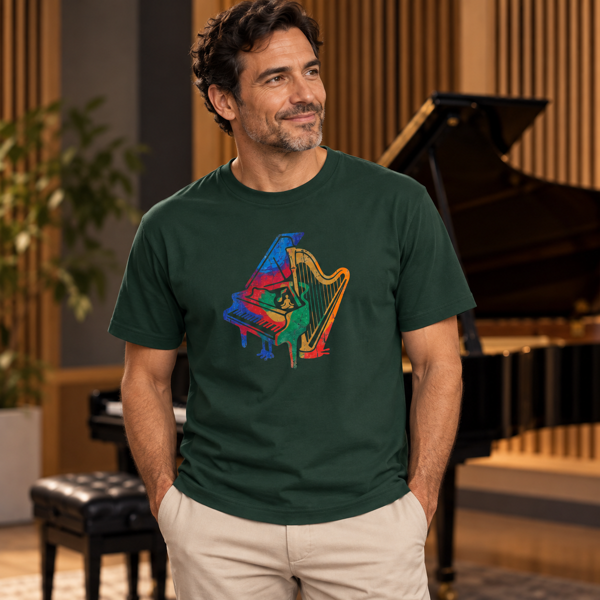 Man wearing the Piano and Harp Watercolor T-shirt in Forest in a music studio
