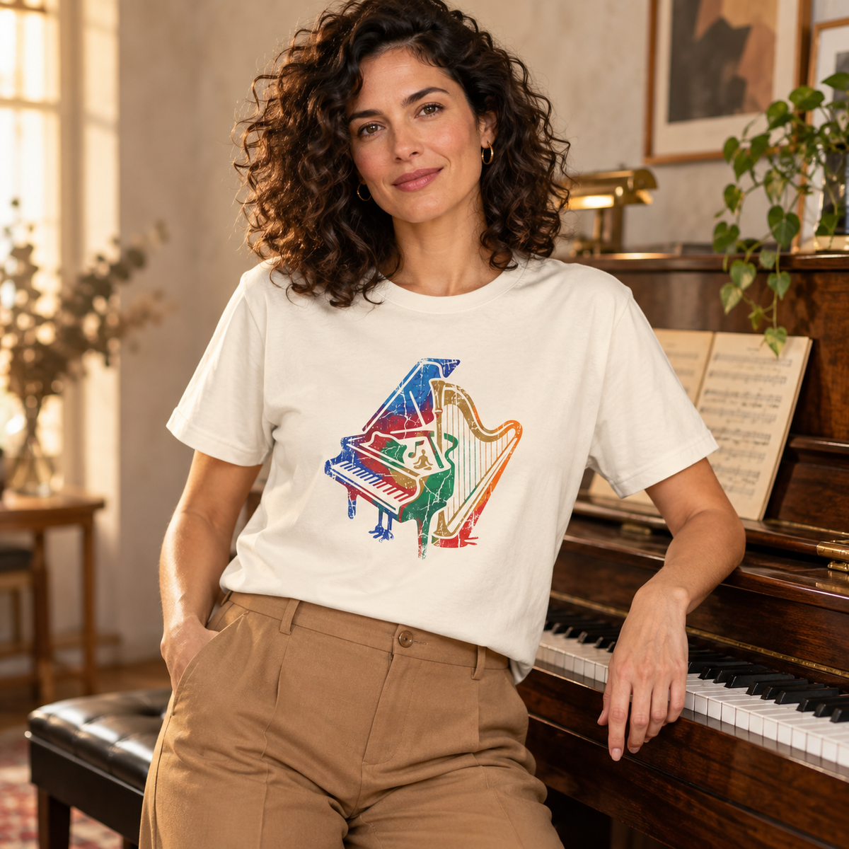 Woman wearing the Piano and Harp Watercolor T-shirt in Natural beside a piano