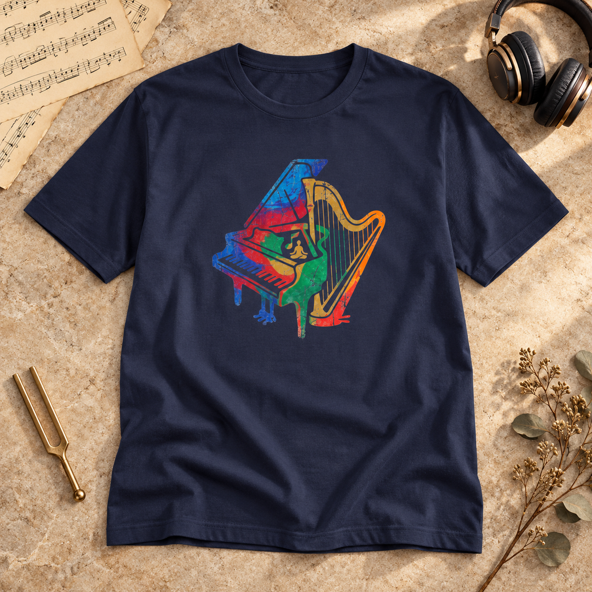 Piano and Harp Watercolor T-shirt in Navy styled in a music-inspired flatlay