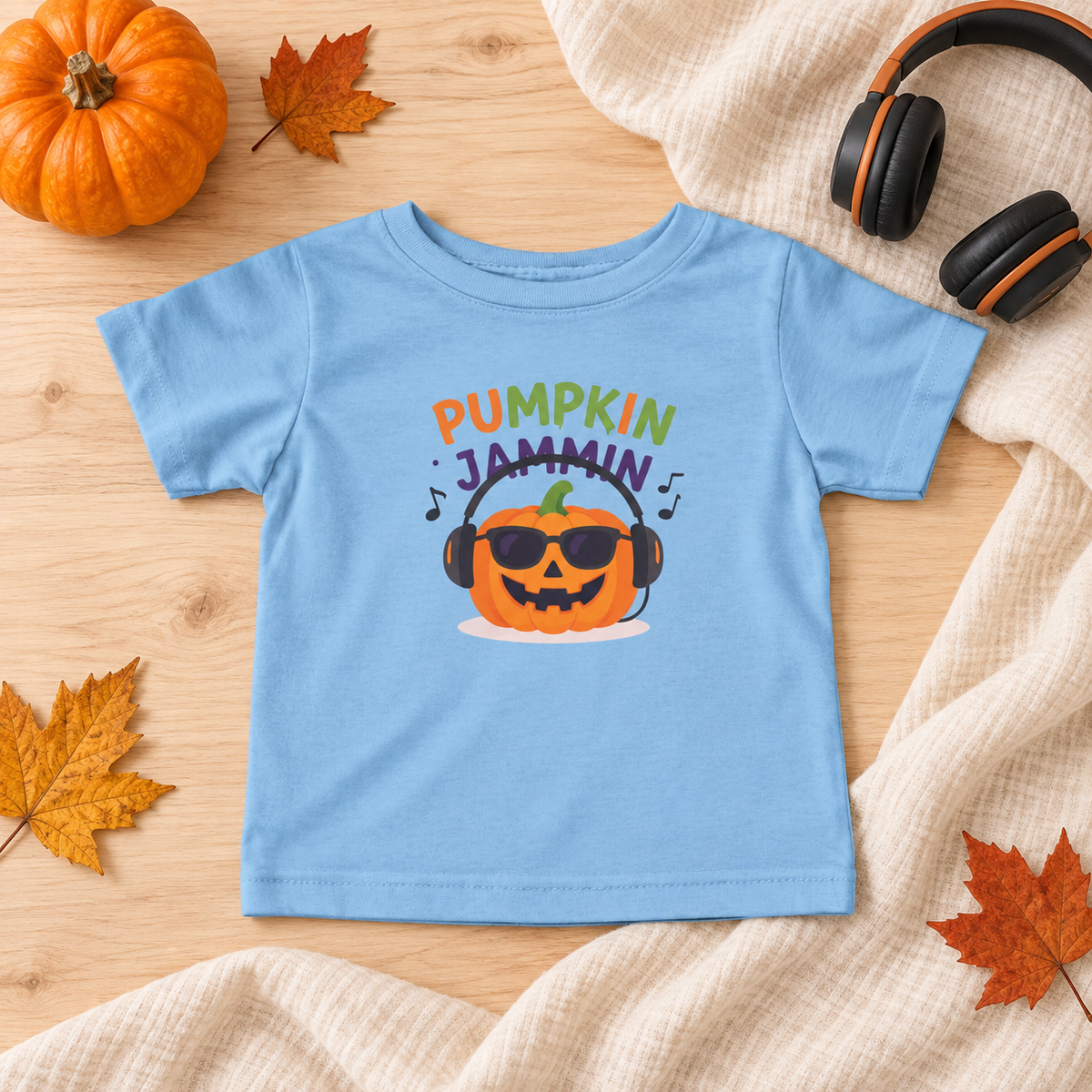 Pumpkin Jammin infant T-shirt in Light Blue, autumn flatlay