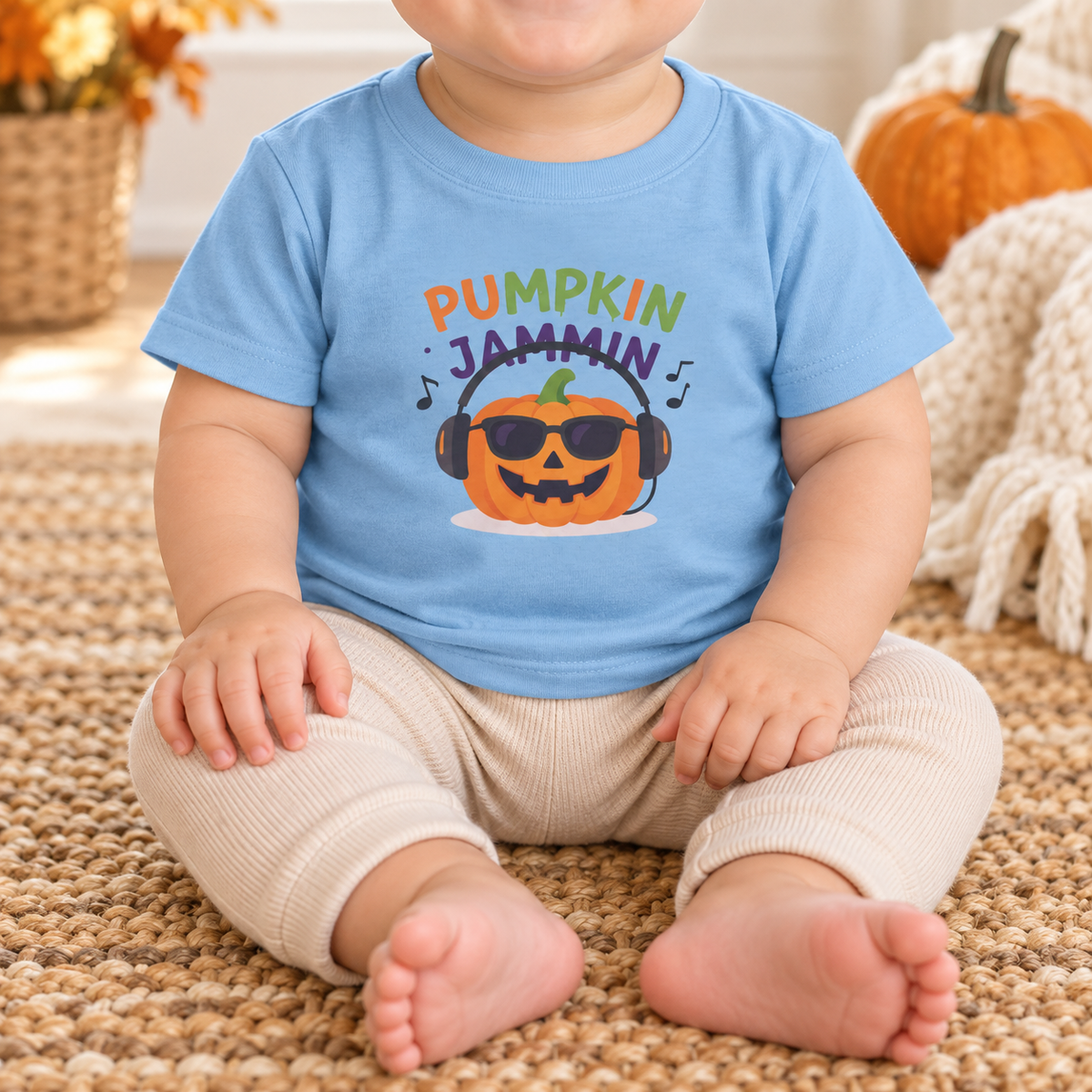 Infant wearing Pumpkin Jammin T-shirt in Light Blue, face-free autumn model mockup