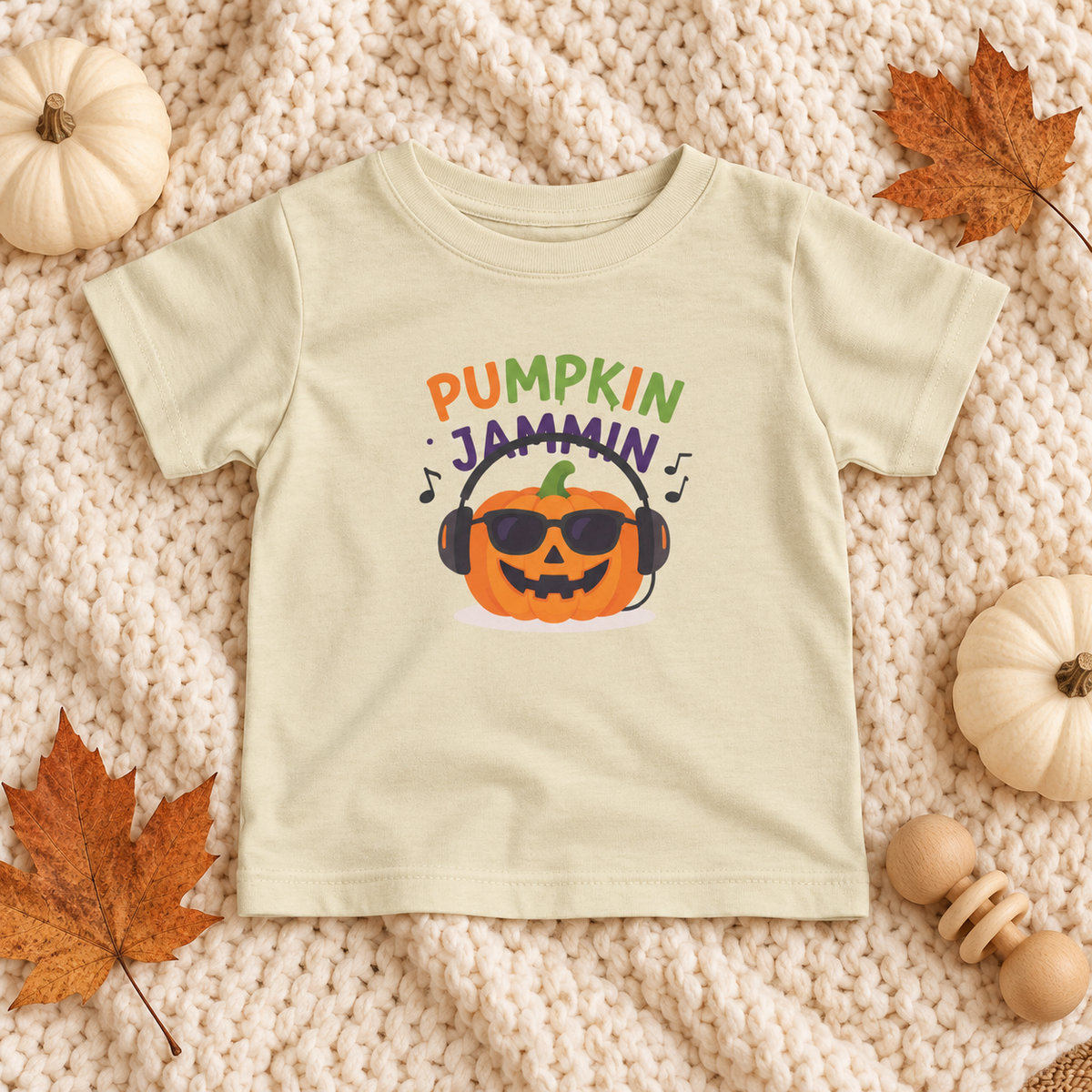 Pumpkin Jammin infant T-shirt in Natural, autumn flatlay