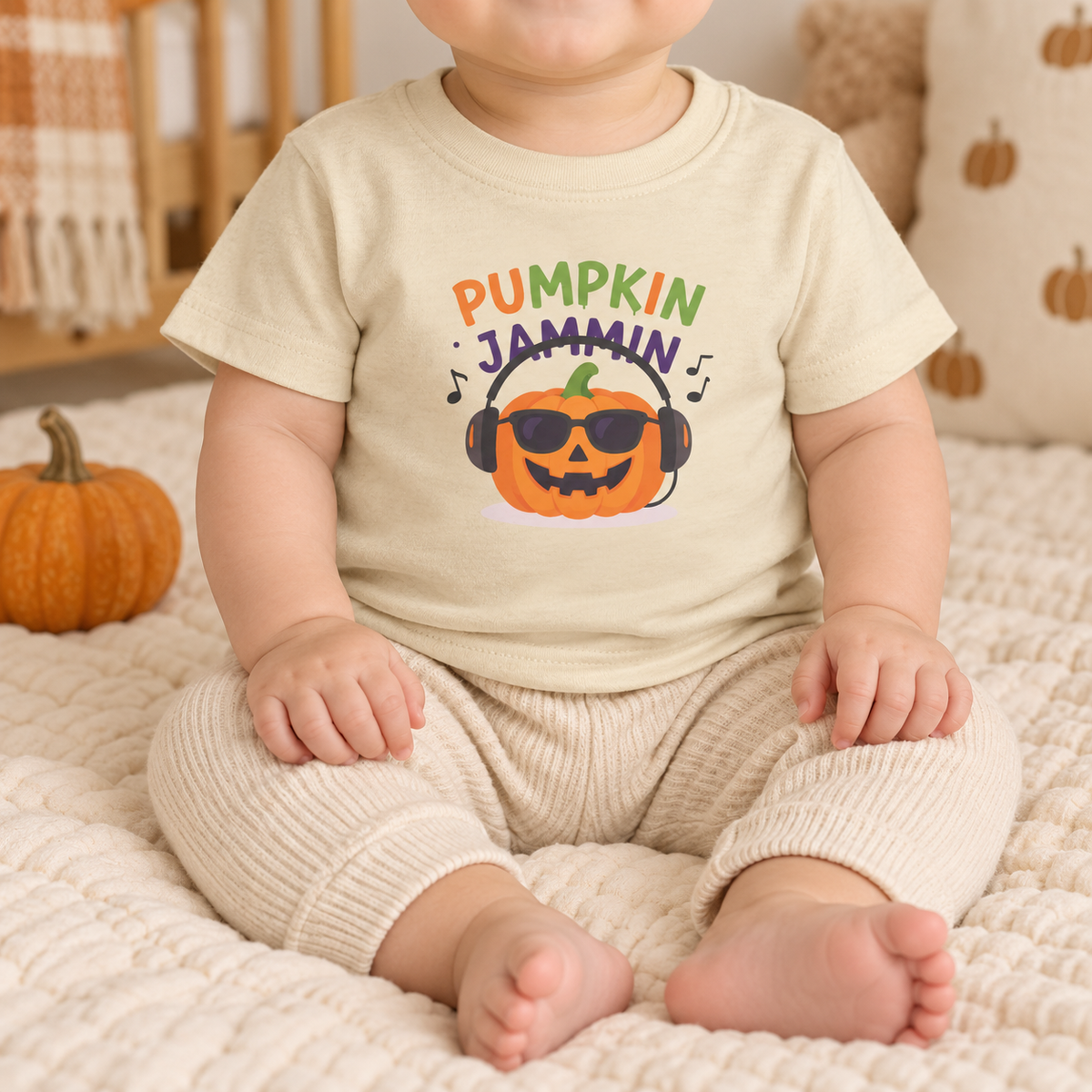 Infant wearing Pumpkin Jammin T-shirt in Natural, face-free autumn model mockup