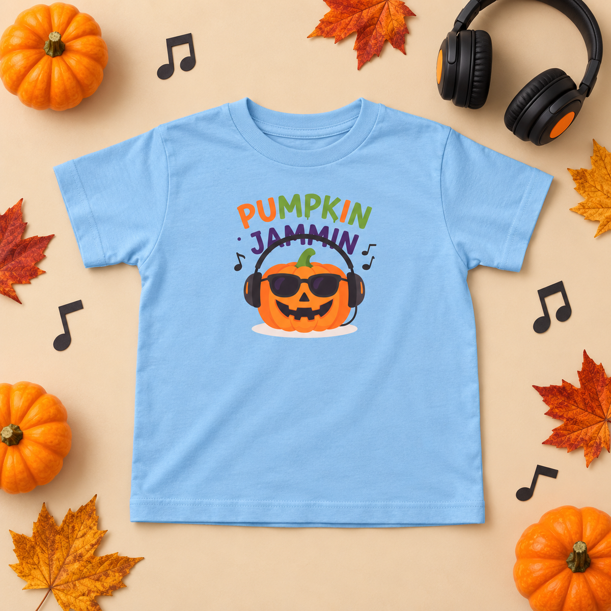 Pumpkin Jammin toddler T-shirt in Light Blue, Halloween music flatlay