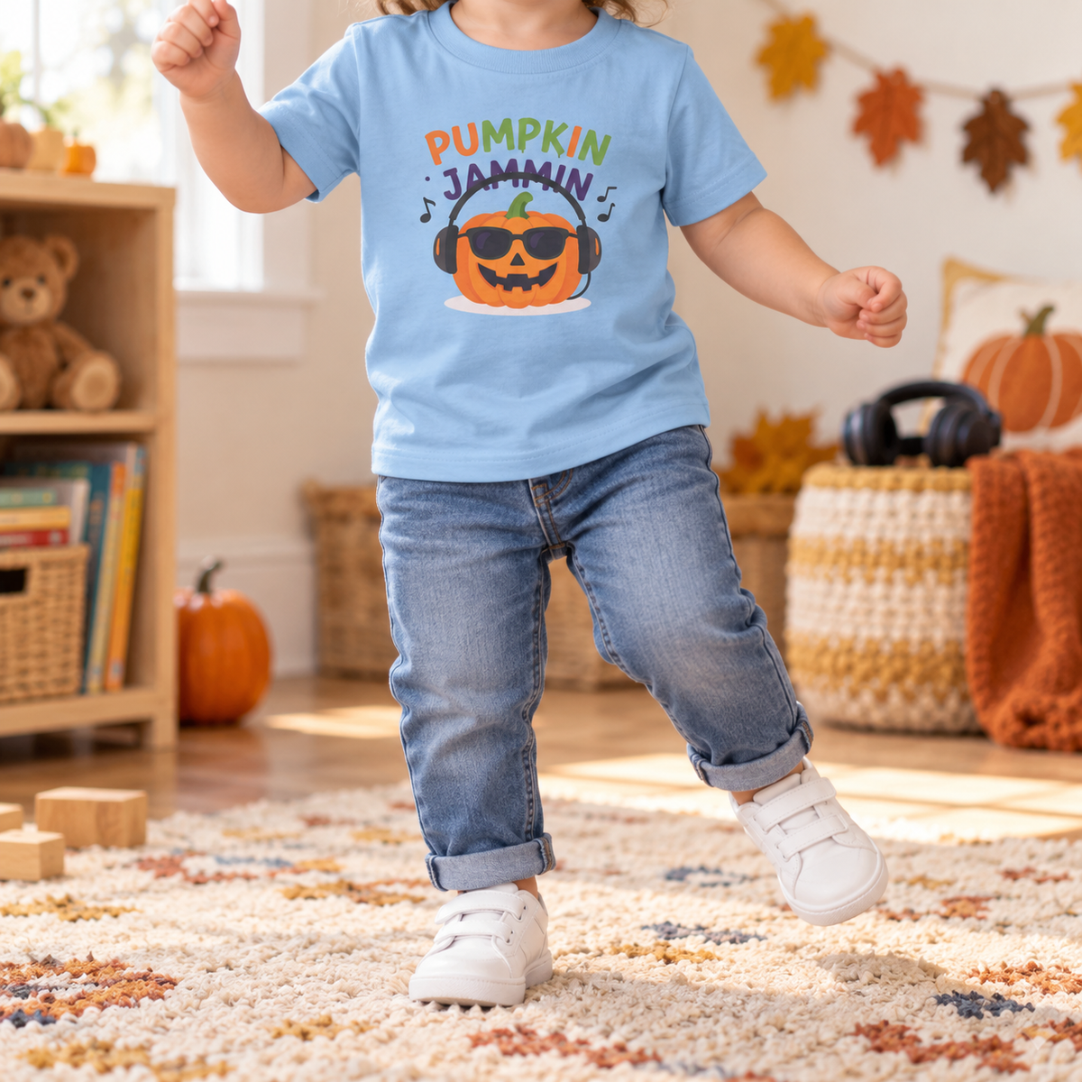 Toddler wearing Pumpkin Jammin T-shirt in Light Blue, face-free dancing model mockup