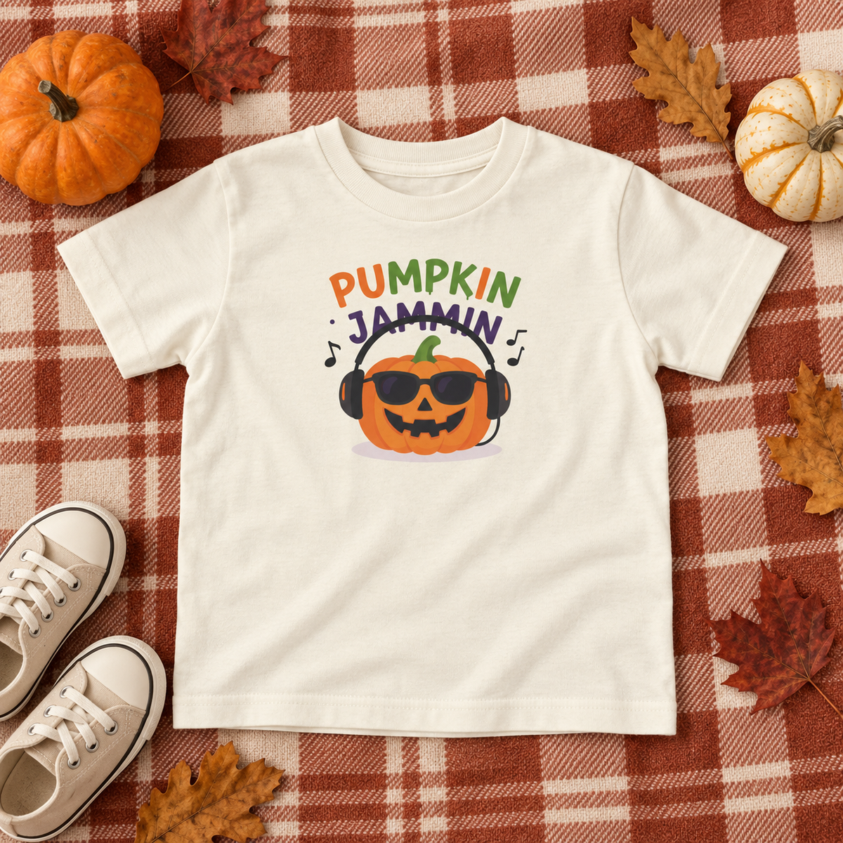 Pumpkin Jammin toddler T-shirt in Natural, autumn flatlay