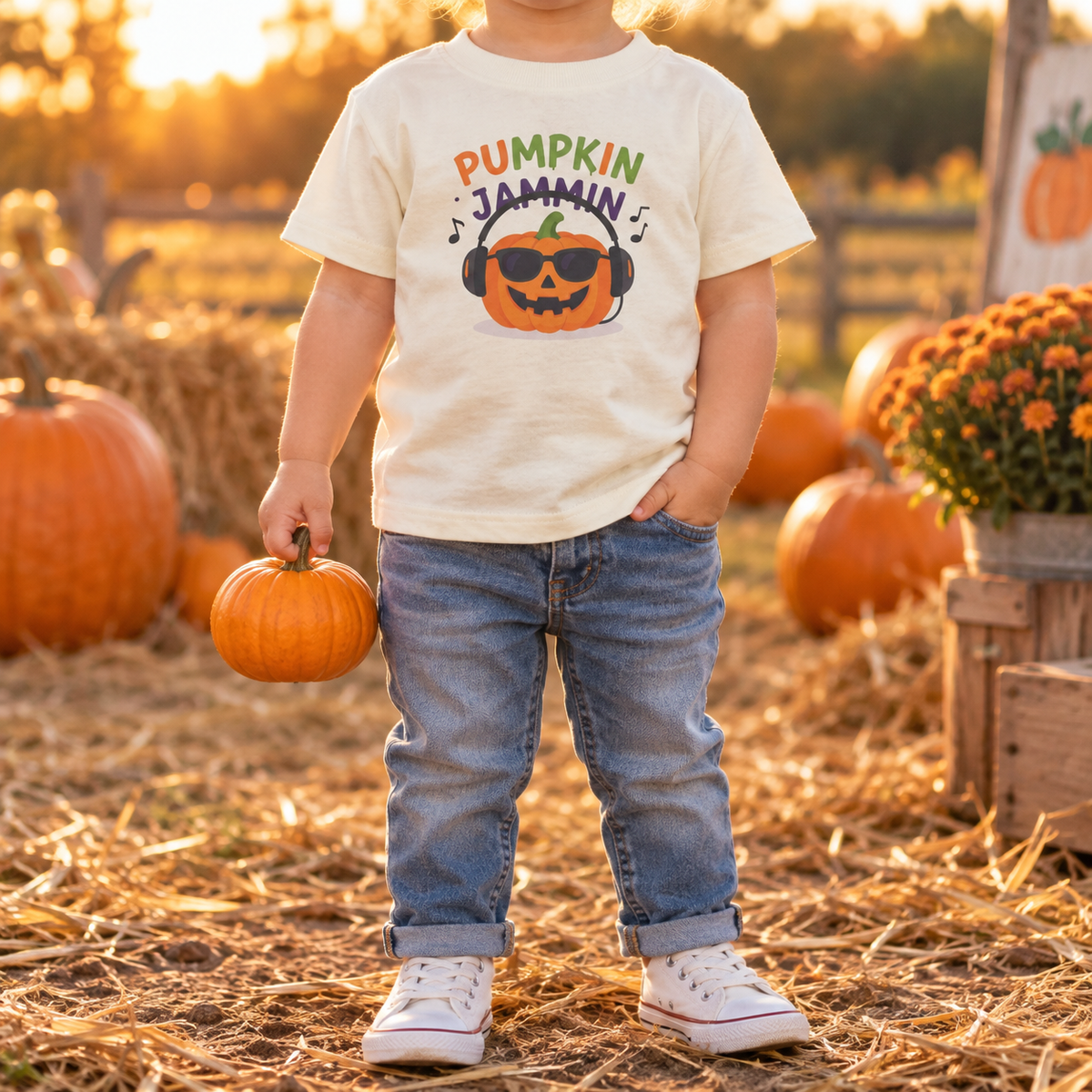 Toddler wearing Pumpkin Jammin T-shirt in Natural at a pumpkin patch, face-free model mockup