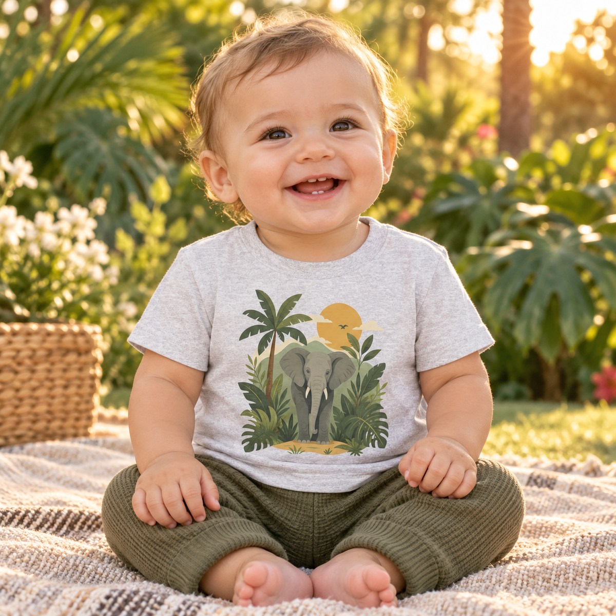 Safari Elephant Jungle Sunset infant T-shirt in Heather, botanical garden lifestyle model